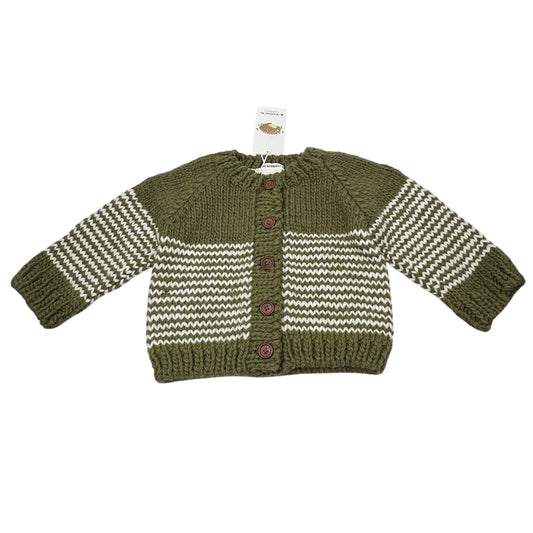 The Blueberry Hill Stripe Cardigan – Moss & Cream, Size 2–3 Years