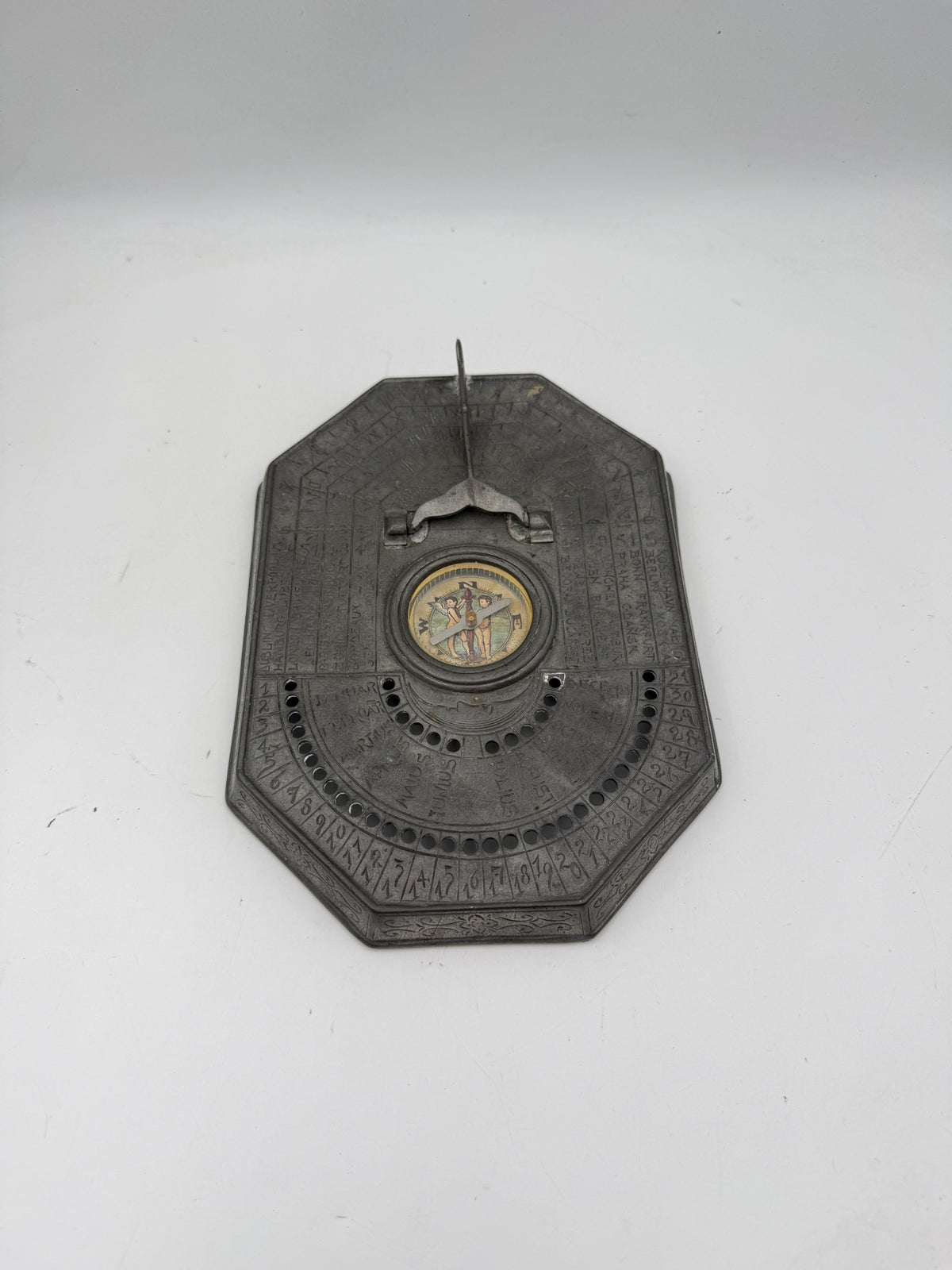 Vintage Pewter Sundial With Compass And Calendar Scales