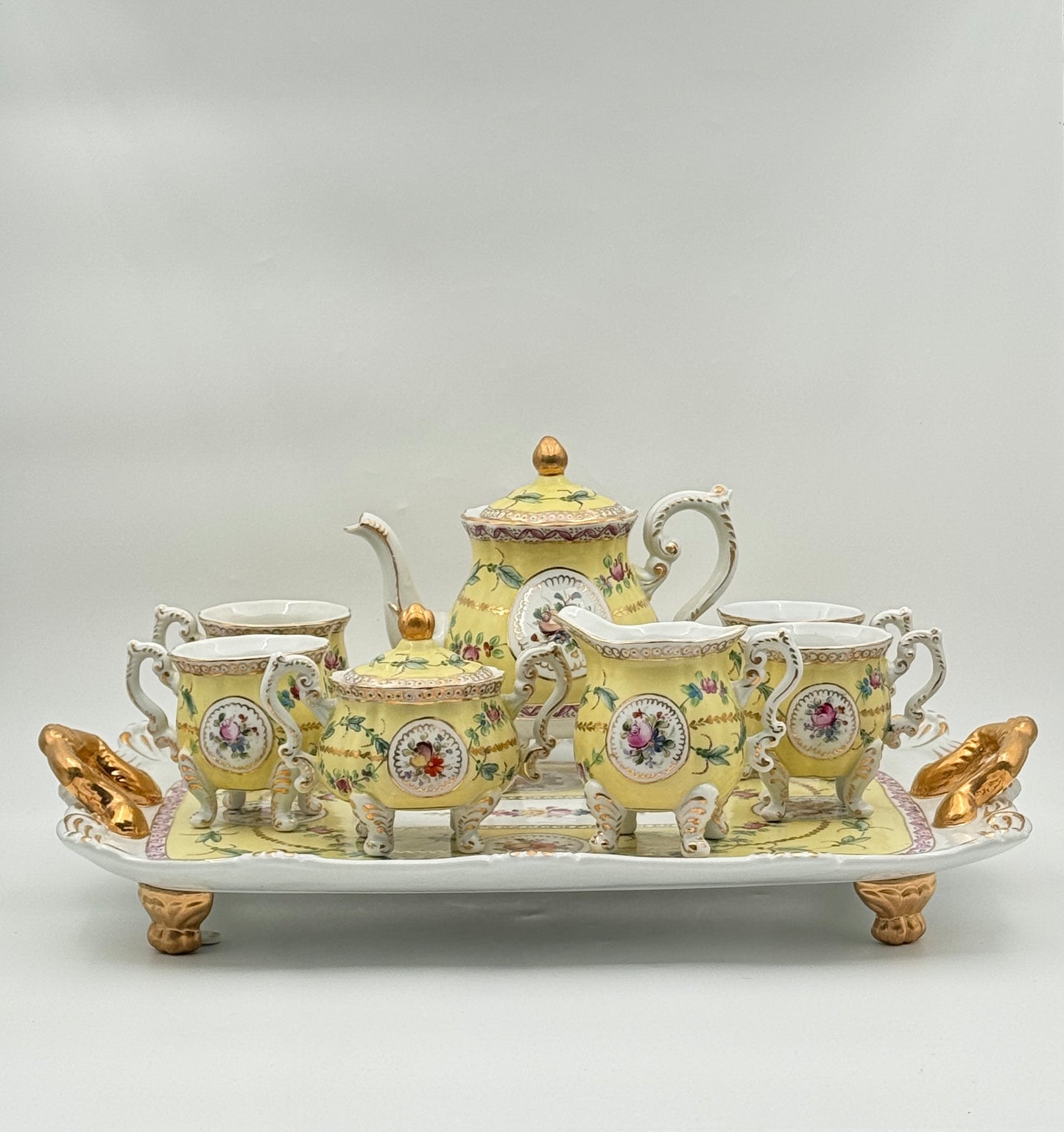 Dresden Porcelain Tea Service – Hand-Painted Floral & Gilt – 8 Pieces with Tray – Germany