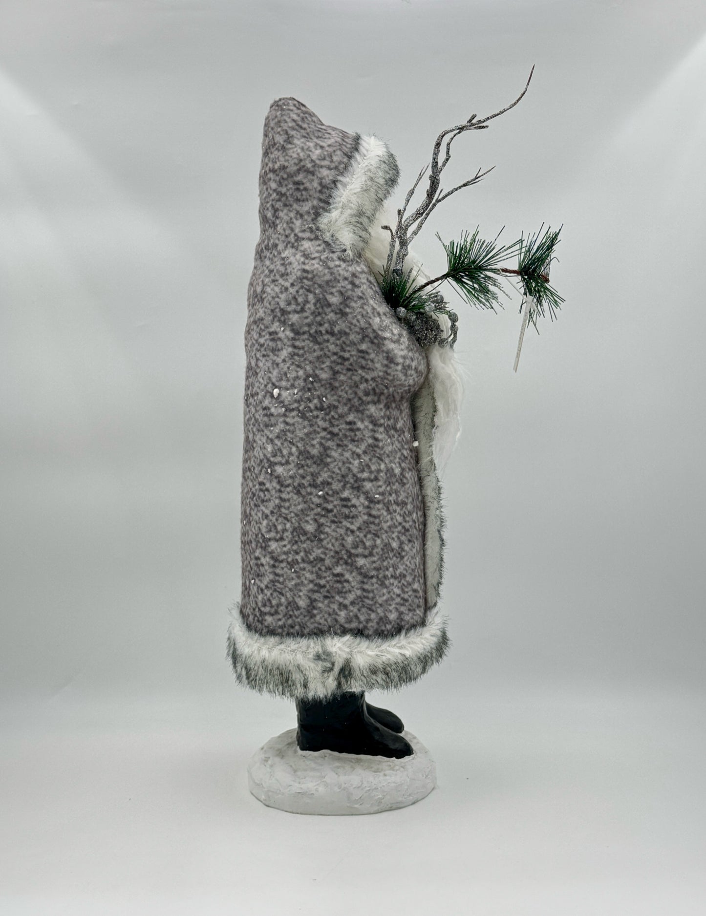 17" Gray Santa Figurine – Faux Fur Coat with Pine Branch