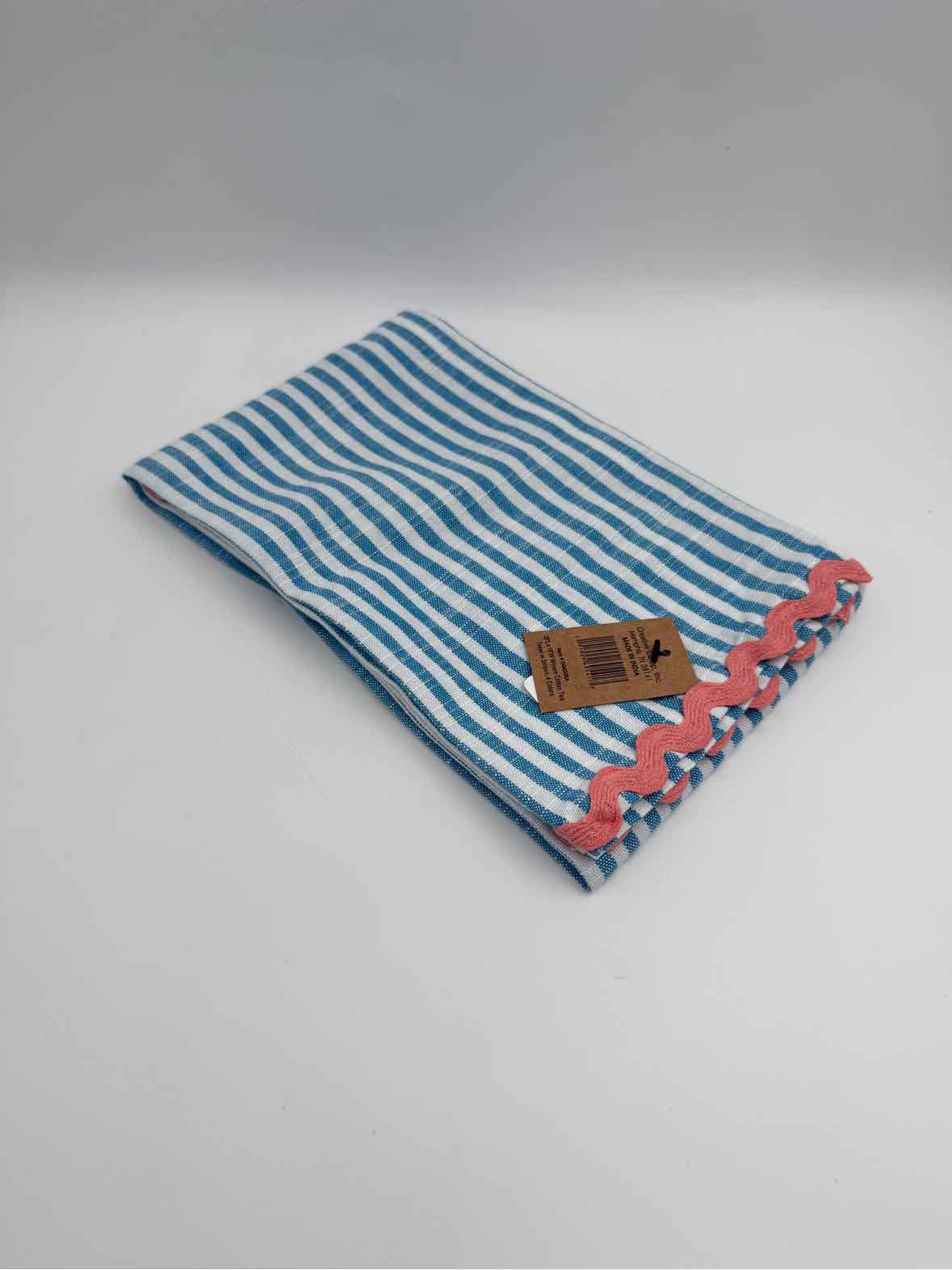 Blue Striped 100% Cotton Tea Towel With Pink Trim