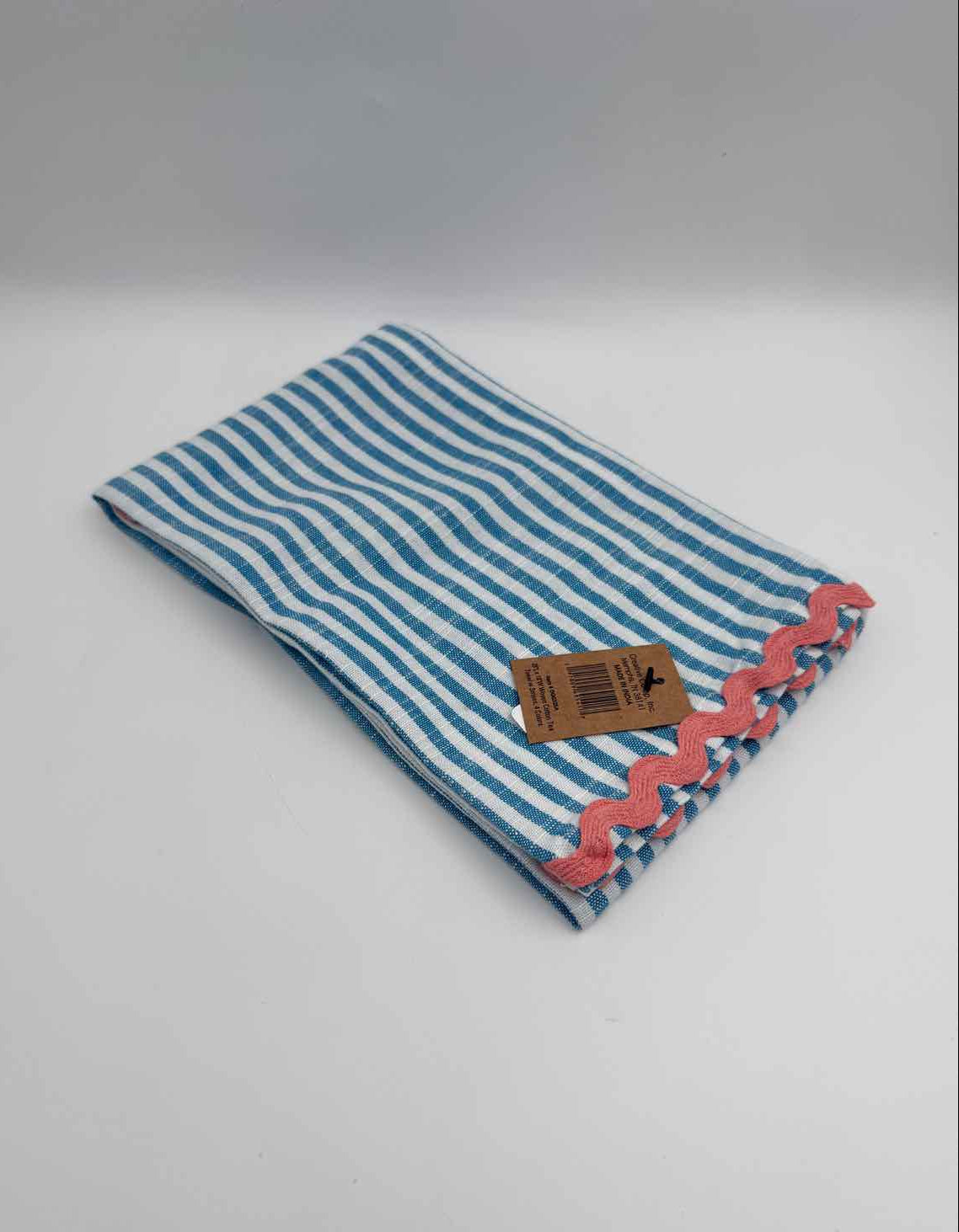 Blue Striped Cotton Tea Towel with Pink Ric Rac Trim Kitchen Cloth