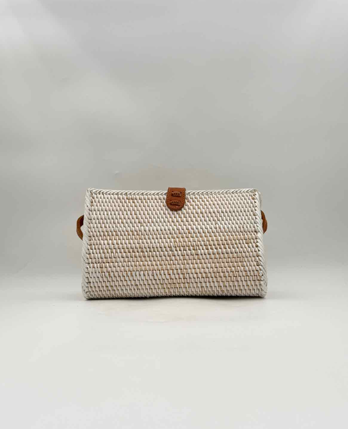 White Wash Woven Rattan Convertible Crossbody Clutch Leather Strap Bag