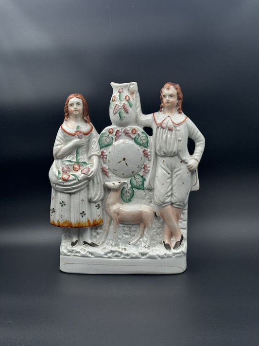Victorian Staffordshire Flatback Couple with Deer & Clock