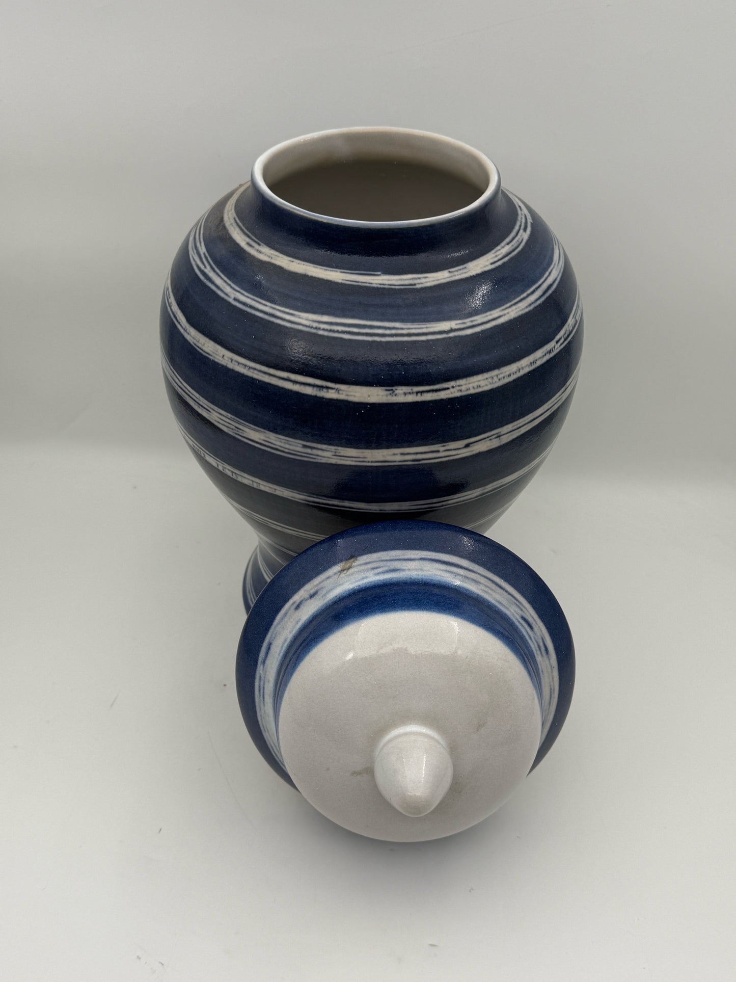 Large Blue And White Striped Ginger Jar