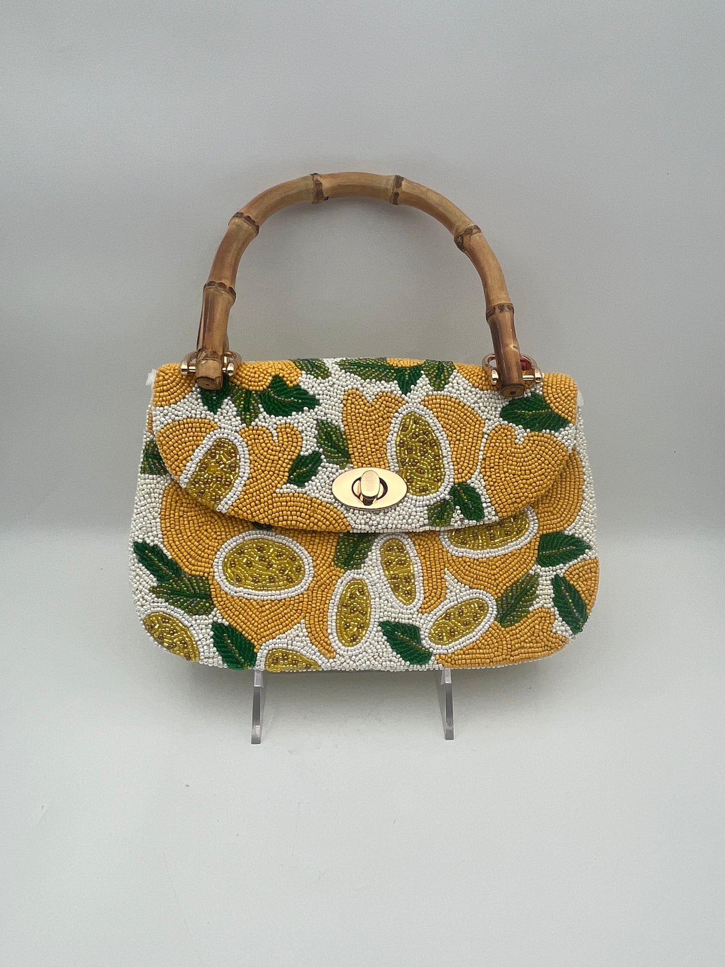 Hand Beaded Lemon Purse Handbag with Bamboo Handle