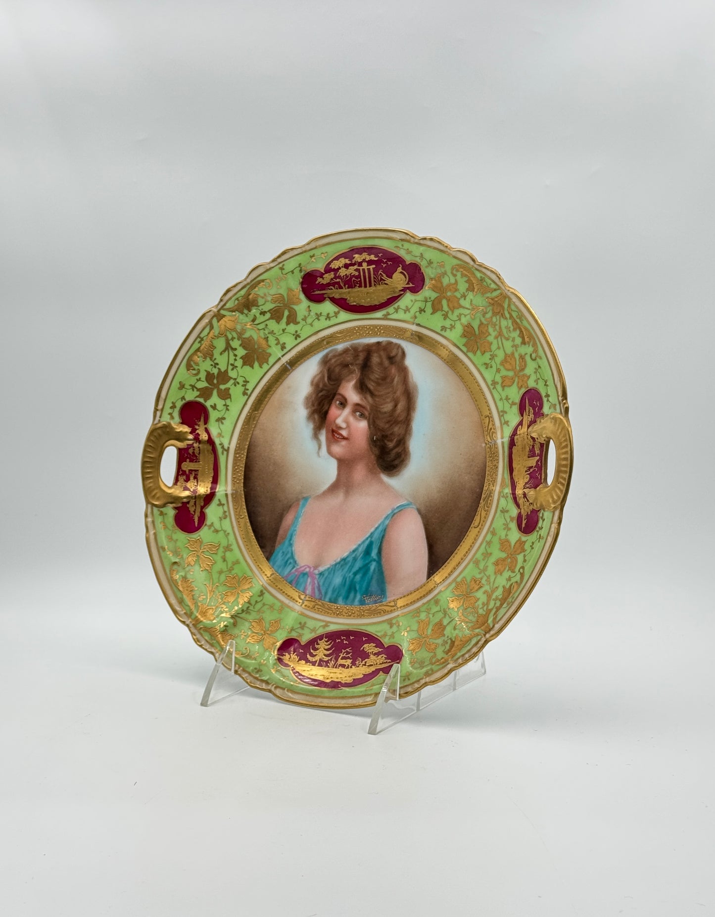 Vienna Cabinet Plate – Young Woman with Blue Dress and Green and Gold Rim