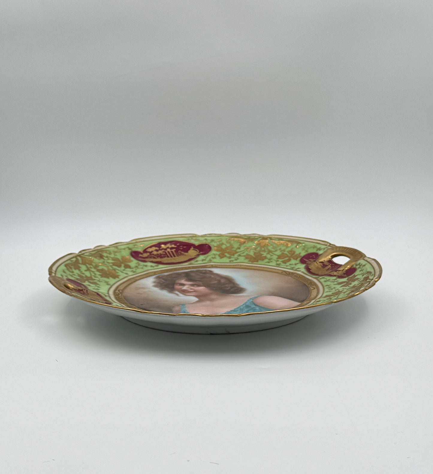 Vienna Cabinet Plate – Young Woman with Blue Dress and Green and Gold Rim