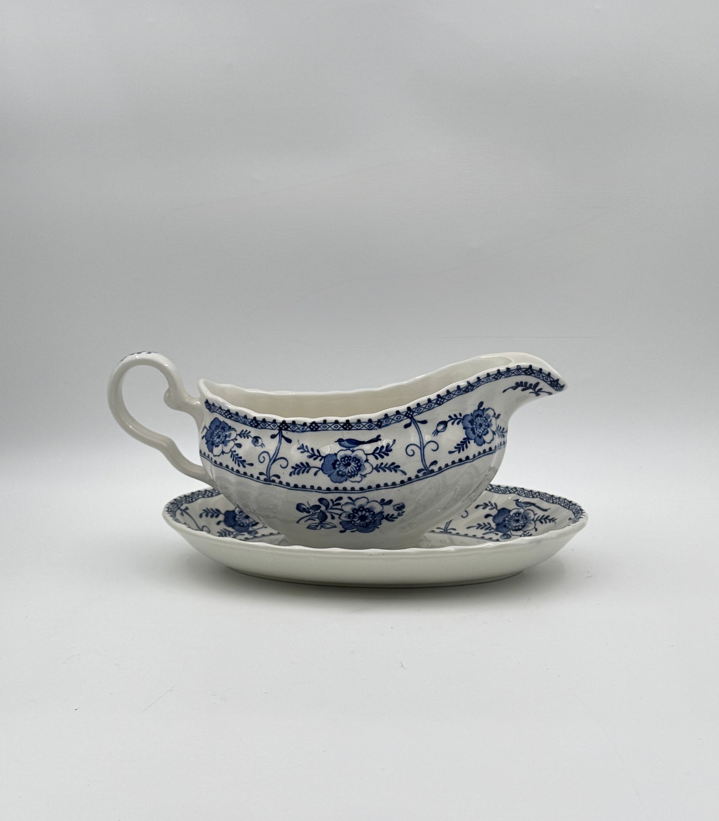 Johnson Bros. “Indies” Gravy Boat with Underplate – Blue Floral Ironstone – England