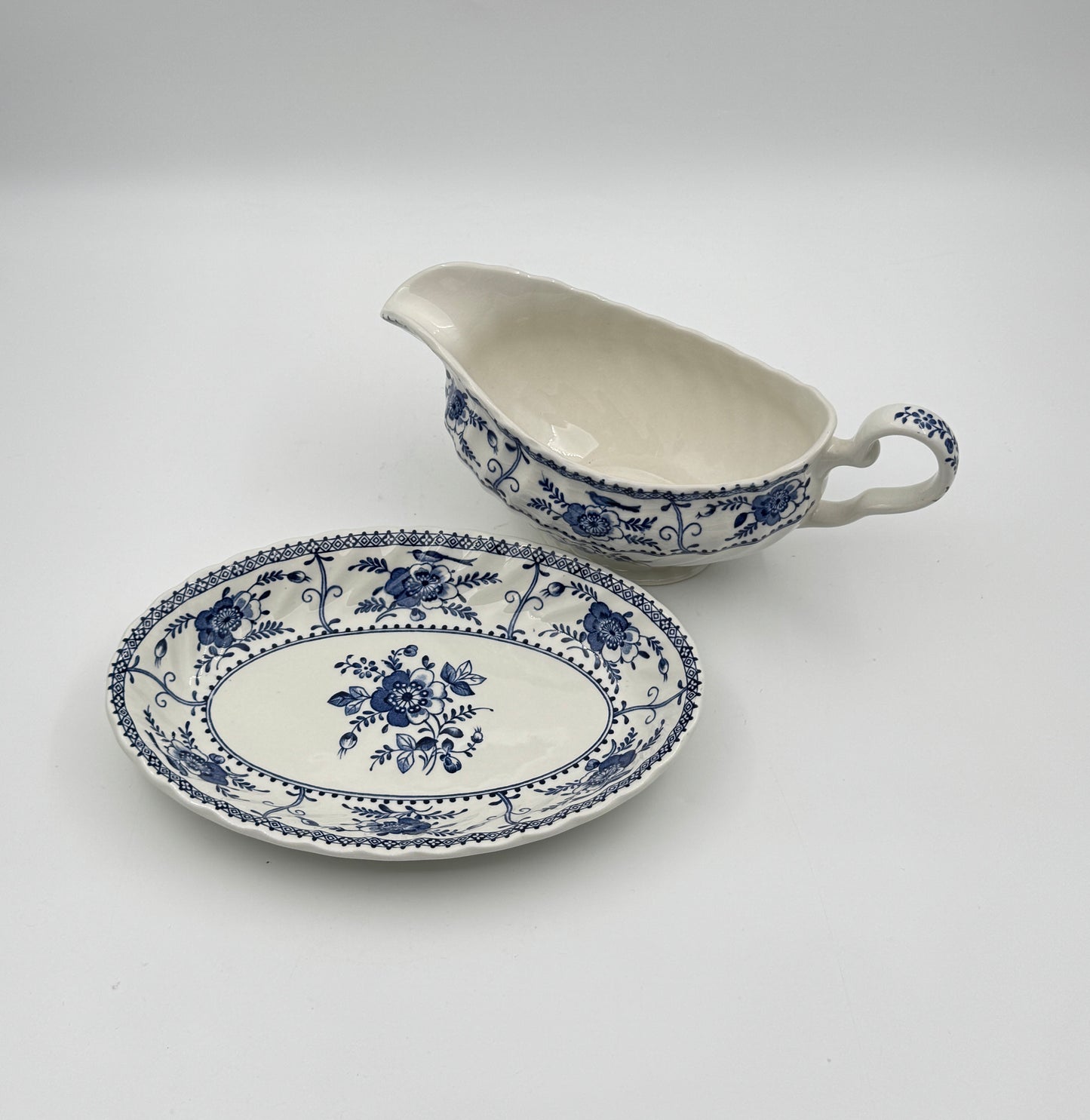Johnson Bros. “Indies” Gravy Boat with Underplate – Blue Floral Ironstone – England