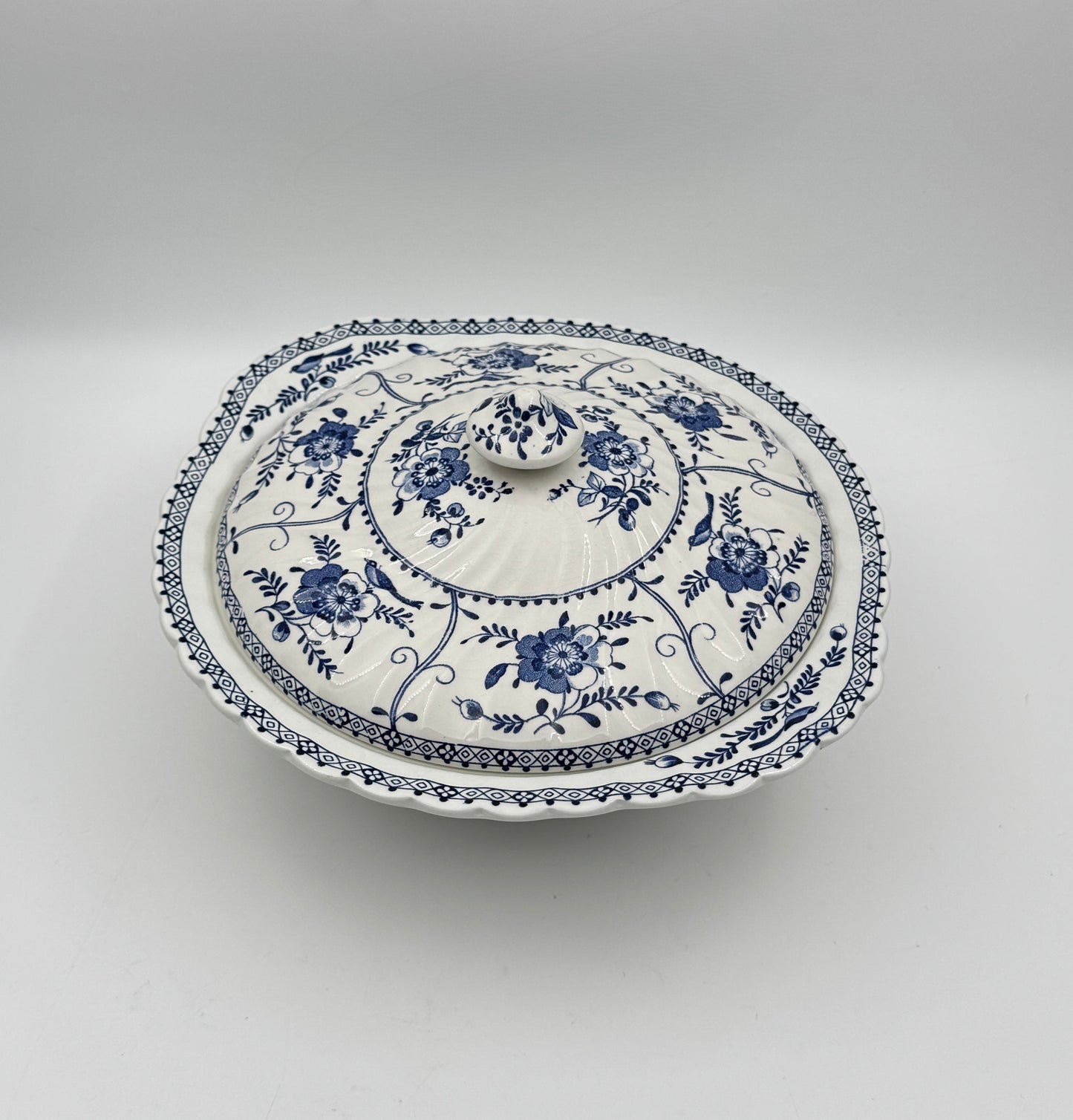 Johnson Bros. “Indies” Covered Serving Bowl – Blue Floral Ironstone