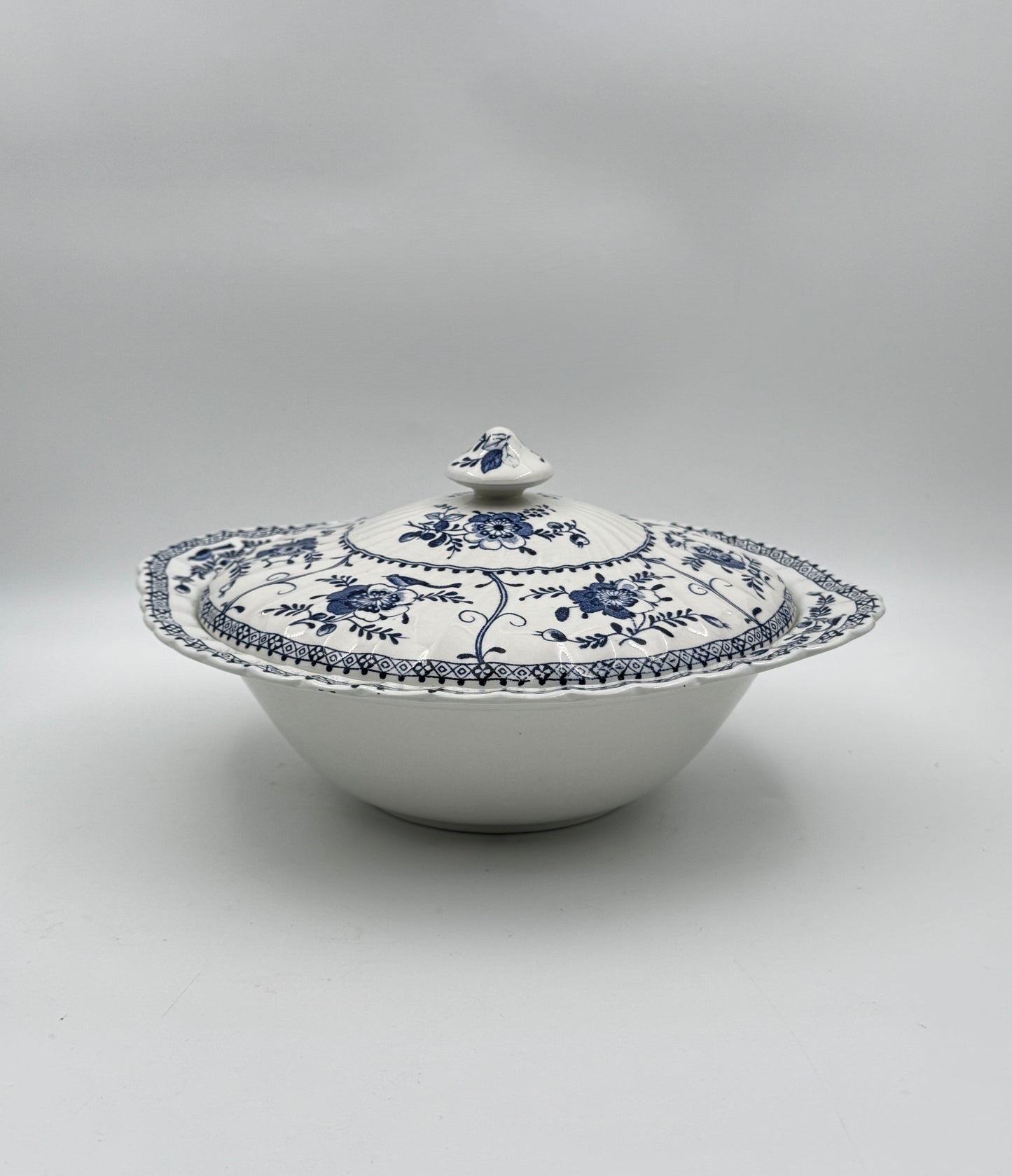 Johnson Bros. “Indies” Covered Serving Bowl – Blue Floral Ironstone
