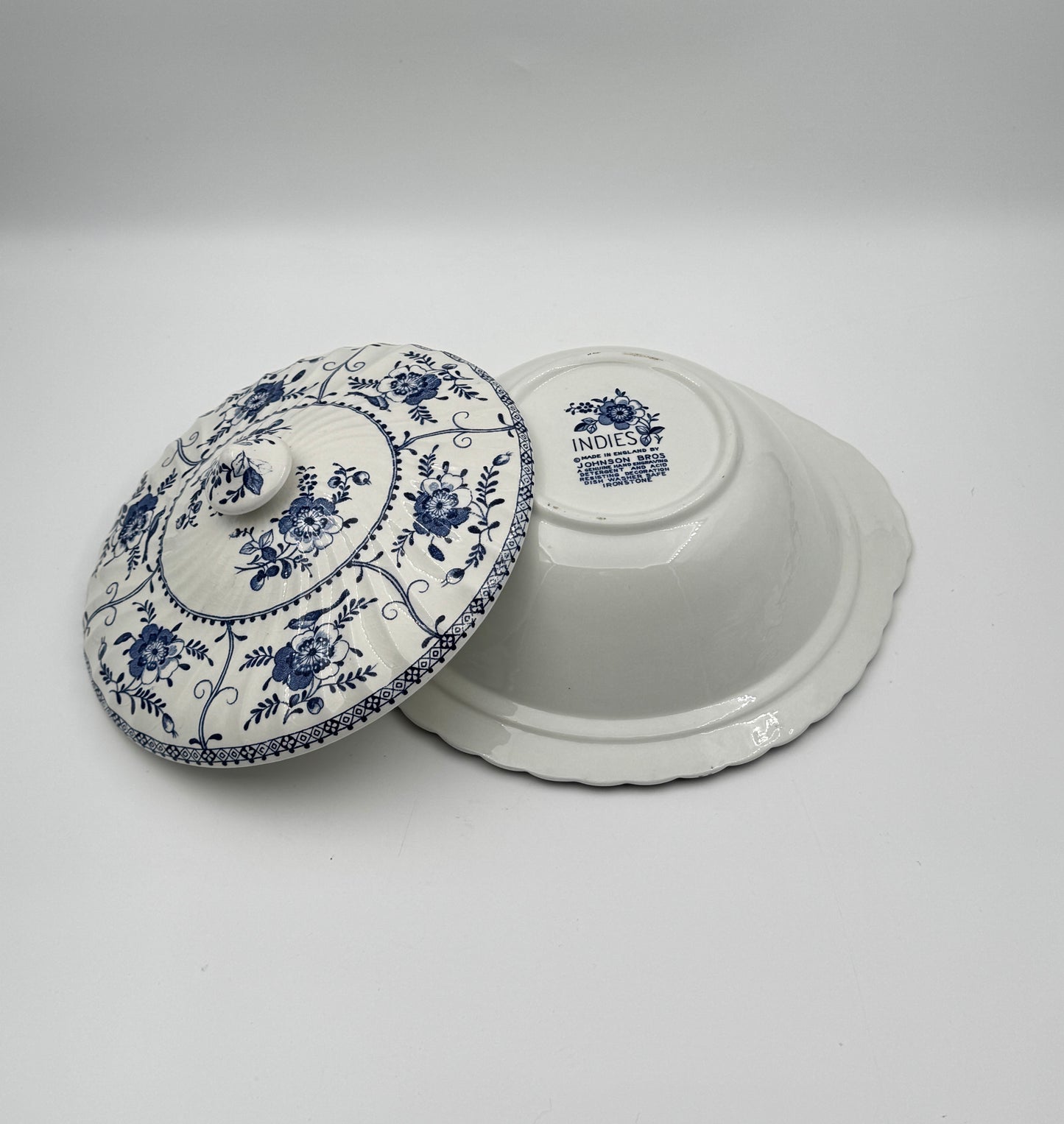 Johnson Bros. “Indies” Covered Serving Bowl – Blue Floral Ironstone