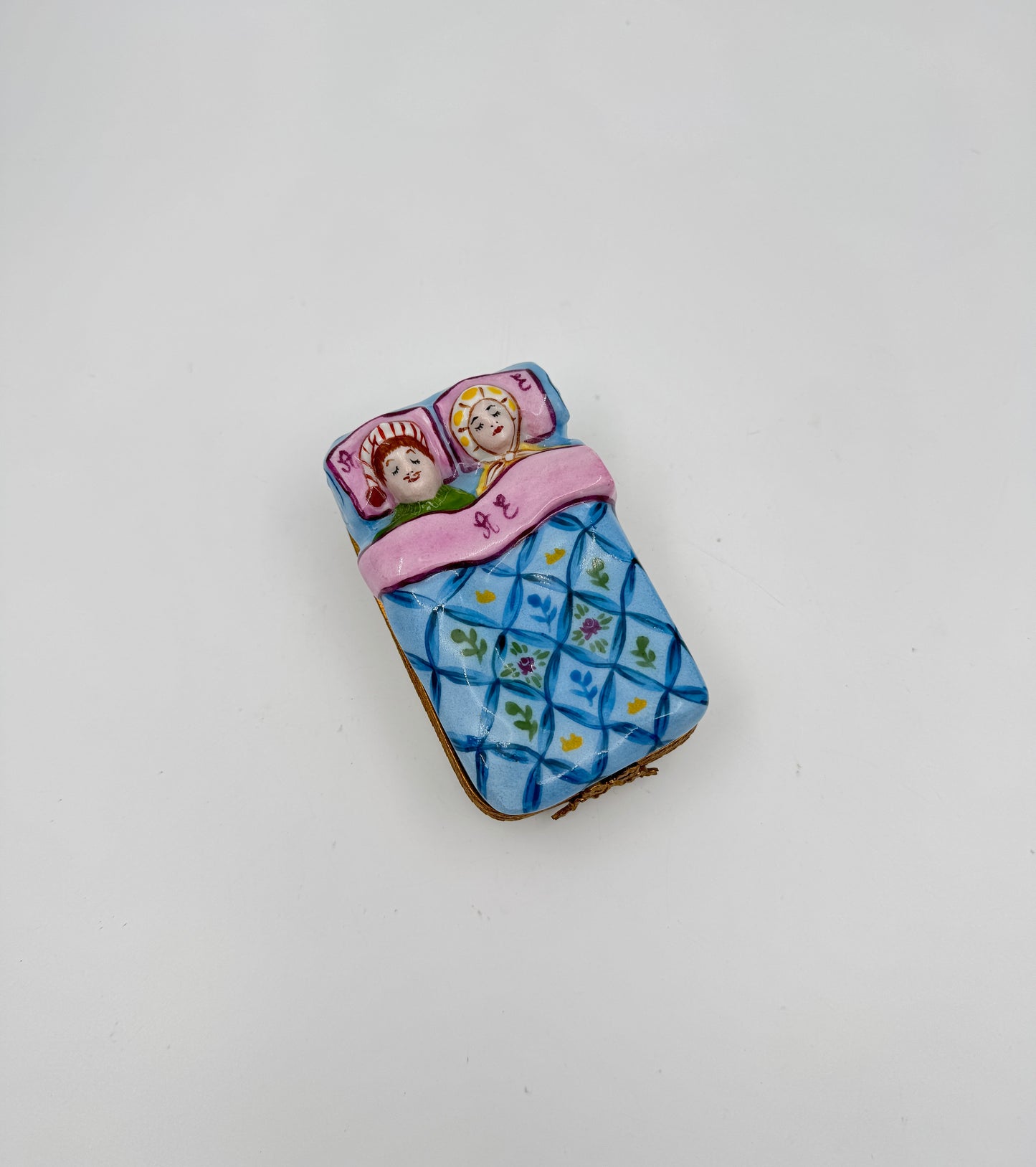 Limoges France Porcelain Trinket Box – Hand-Painted Sleeping Couple in Bed – Collectible French Keepsake with Gold Accents