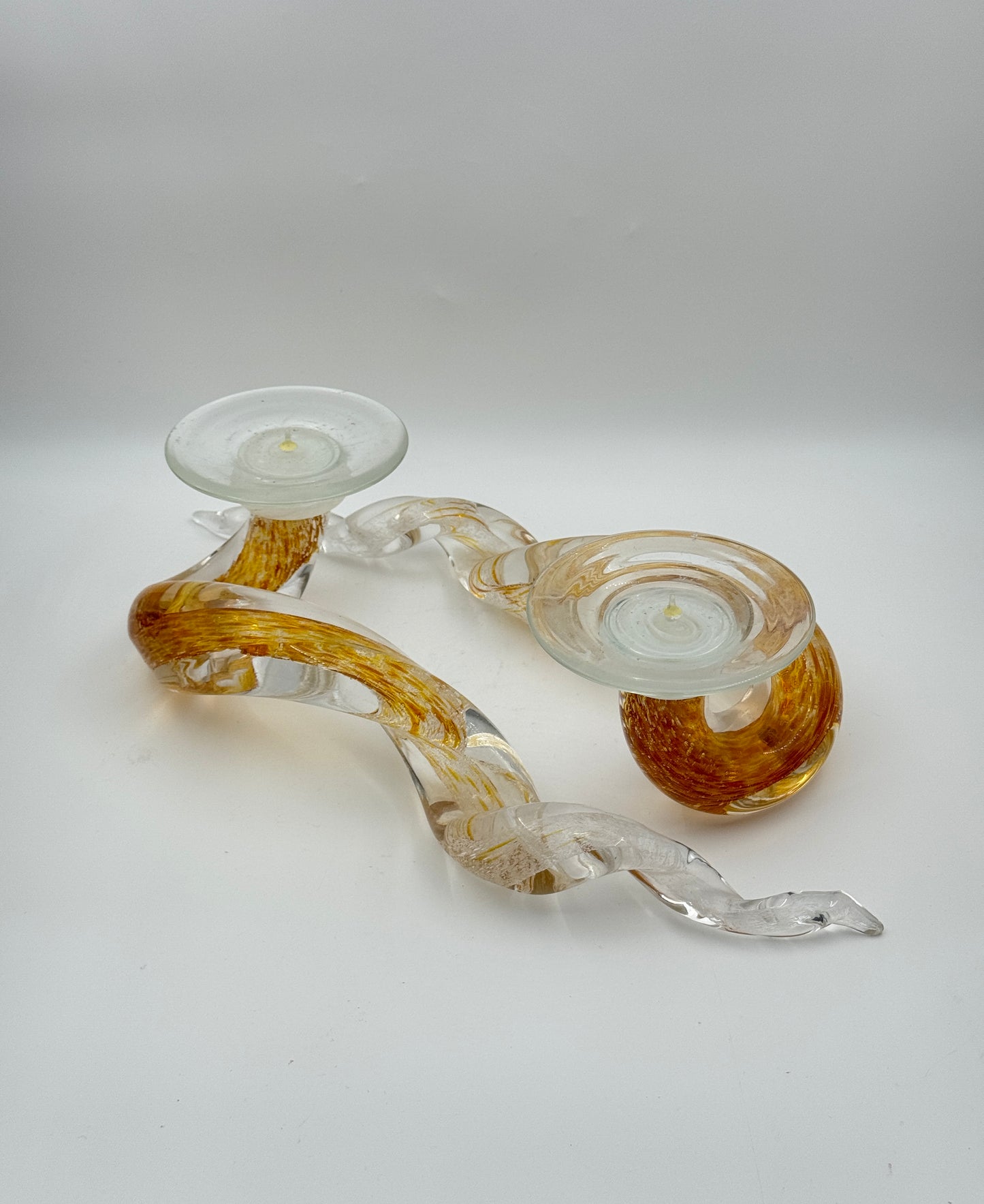 Pair of Art Glass Candle Holders by John Paul Robinson – Twisted Amber & Clear Design