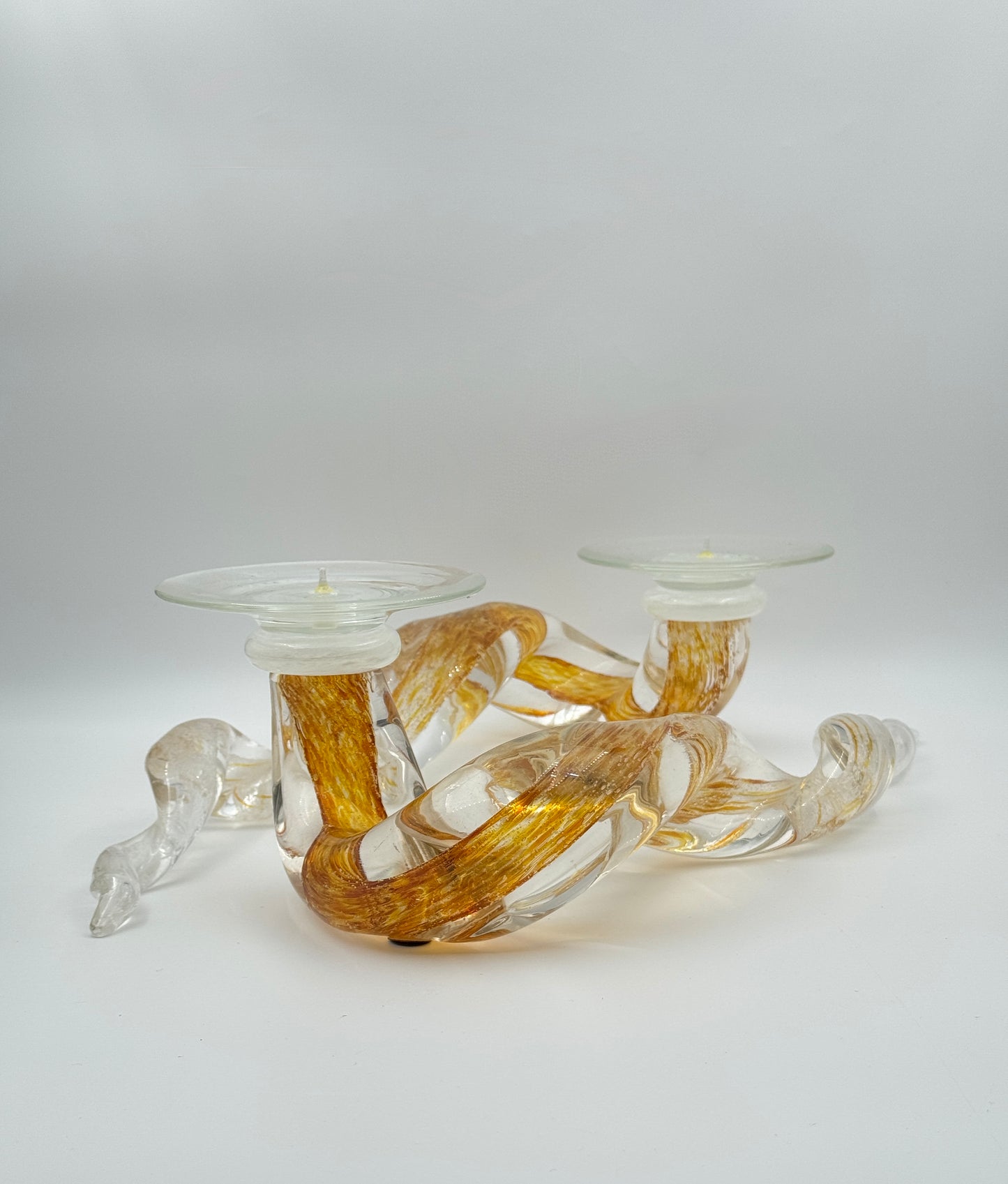 Pair of Art Glass Candle Holders by John Paul Robinson – Twisted Amber & Clear Design