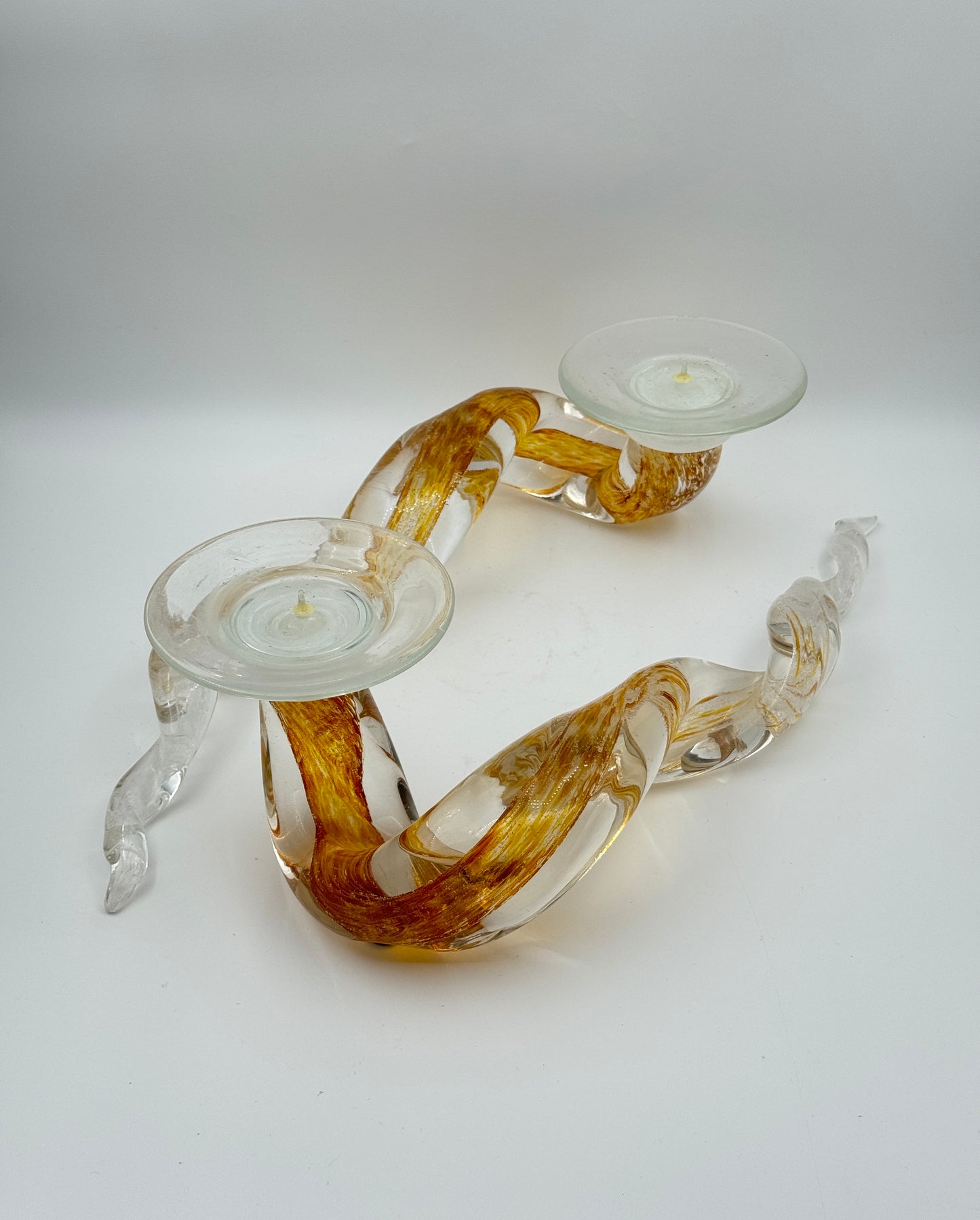 Pair of Art Glass Candle Holders by John Paul Robinson – Twisted Amber & Clear Design