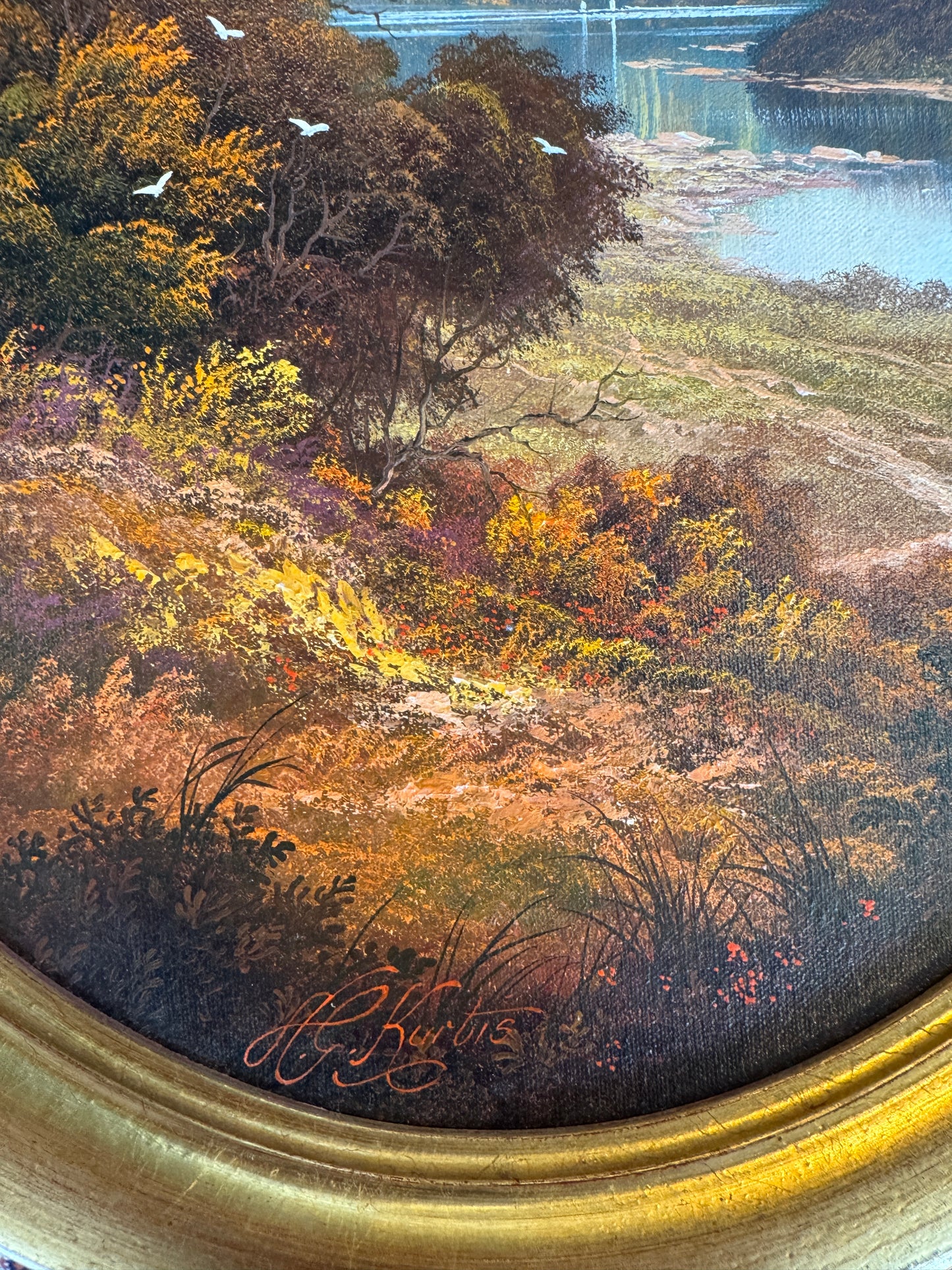 Pair of River Landscape Paintings by Andrew Grant Kurtis – Oval Gold Frames
