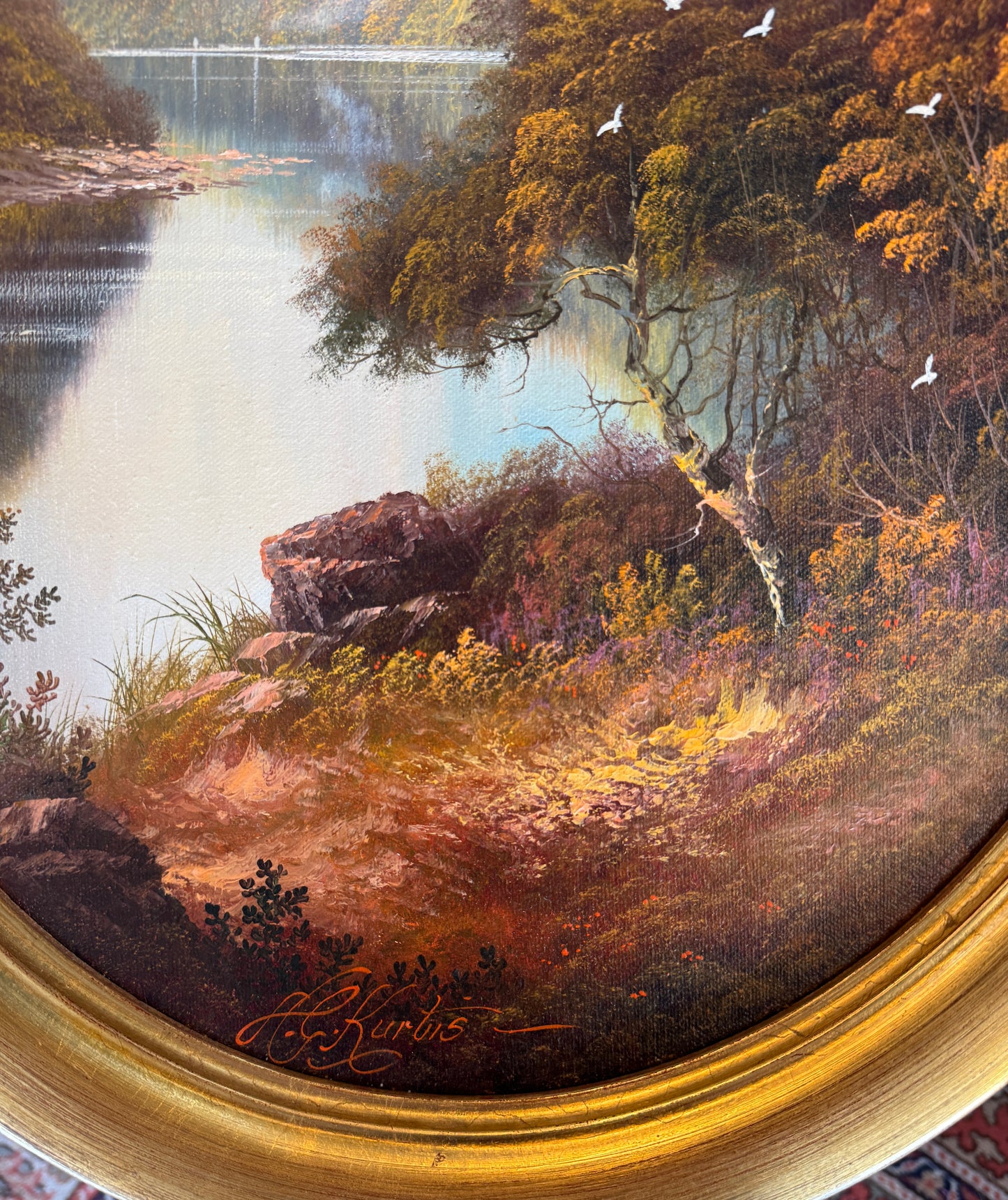 Pair of River Landscape Paintings by Andrew Grant Kurtis – Oval Gold Frames