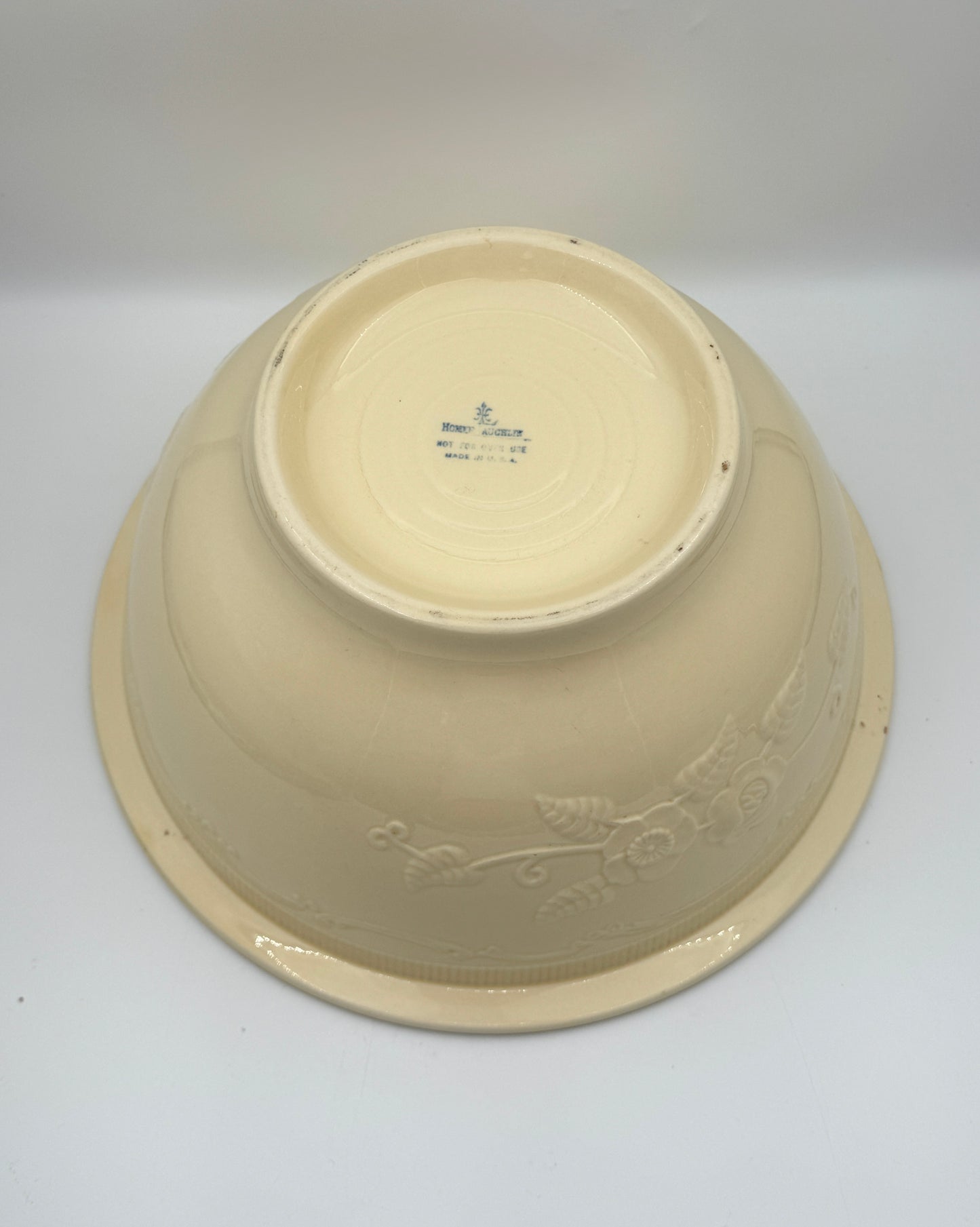 Homer Laughlin Embossed Serving Bowl – Buttery Yellow with Silver Rim