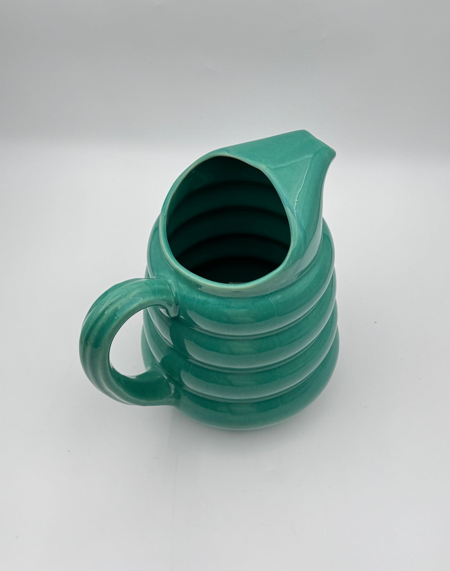 Mid-Century Padre Pottery Ribbed Pitcher – Marked “258” – Glossy Green
