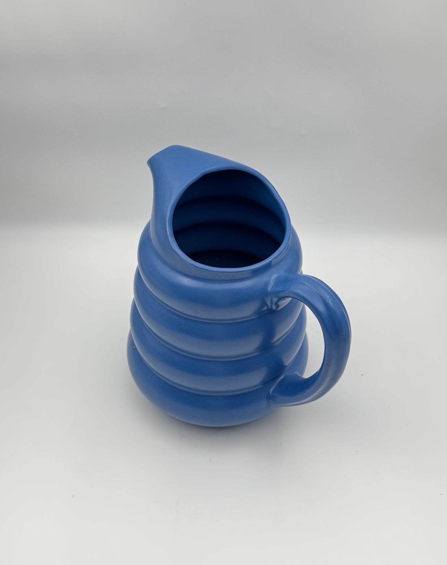 Mid-Century Padre Pottery Ribbed Pitcher – Periwinkle Blue – Marked “258”