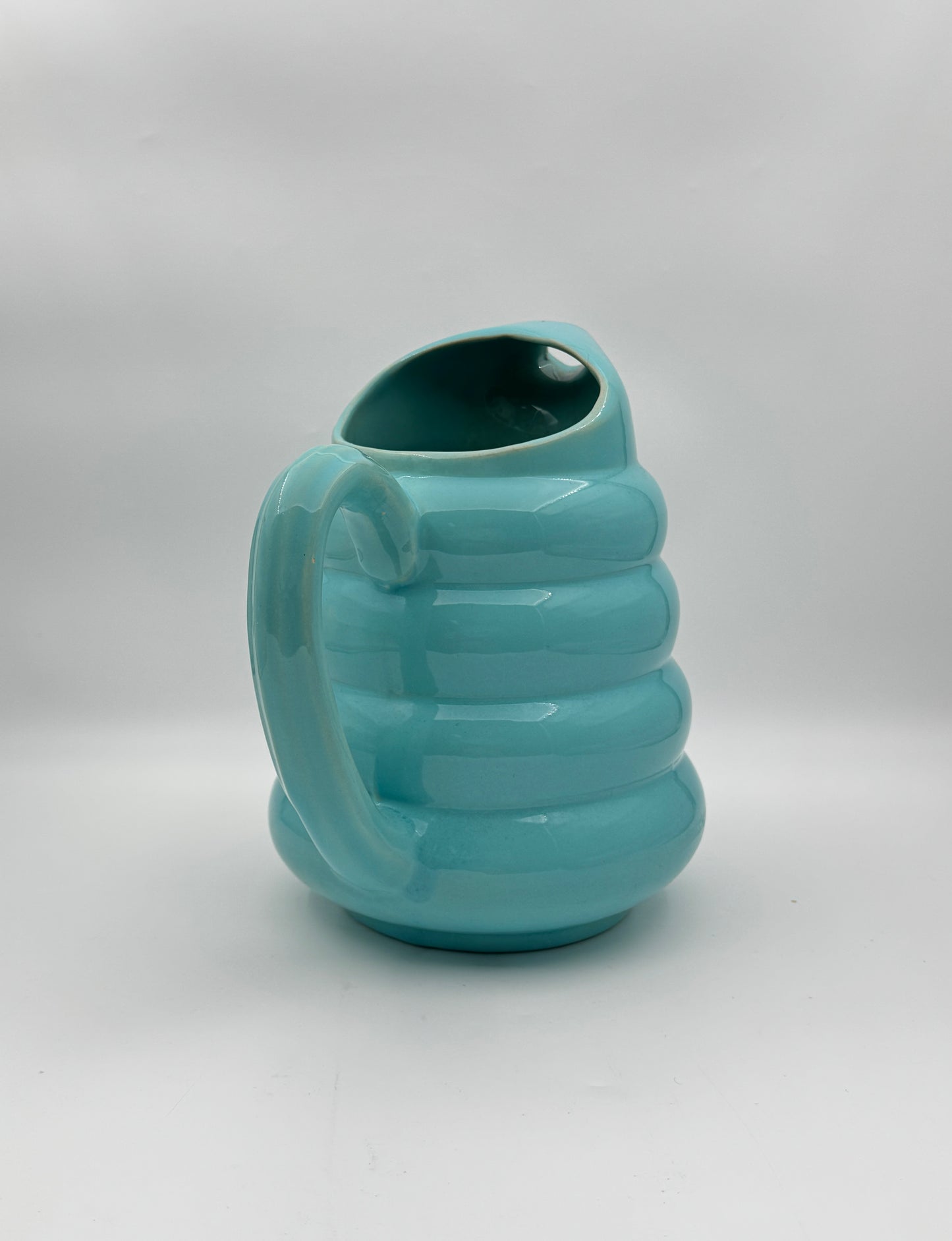 Mid-Century Padre Pottery Ribbed Pitcher – Turquoise Gloss Glaze – Marked “258”