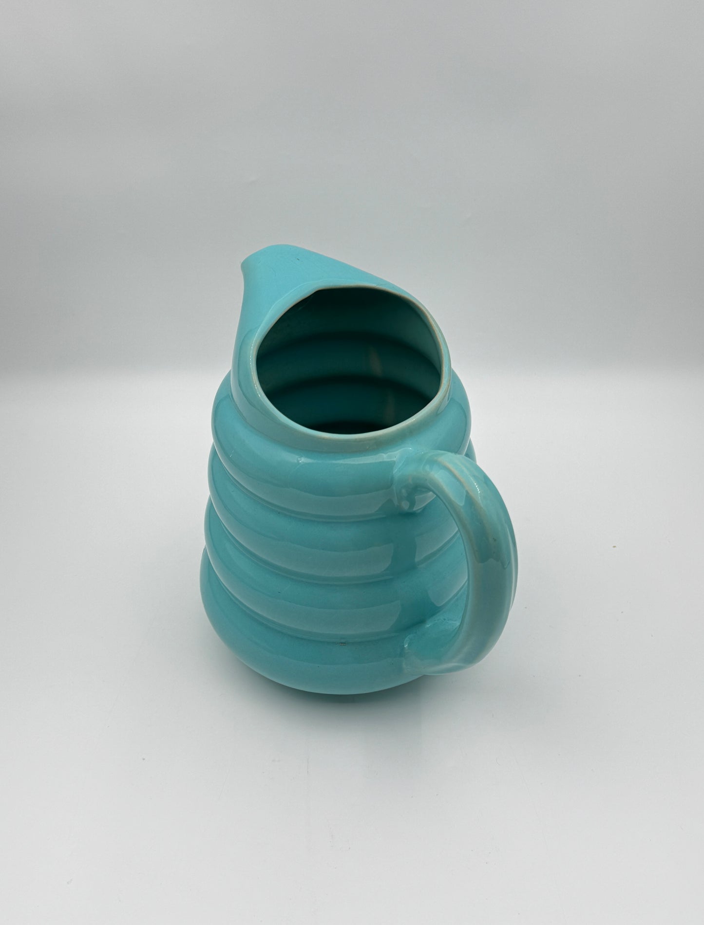 Mid-Century Padre Pottery Ribbed Pitcher – Turquoise Gloss Glaze – Marked “258”
