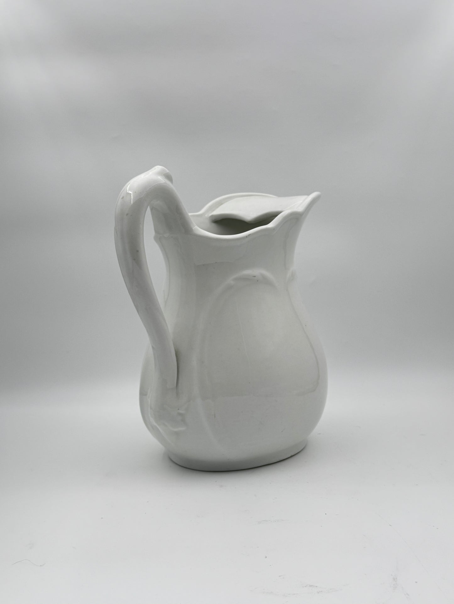 Large Antique White Ironstone Pitcher – Greenwood China – Embossed Leaf Motif