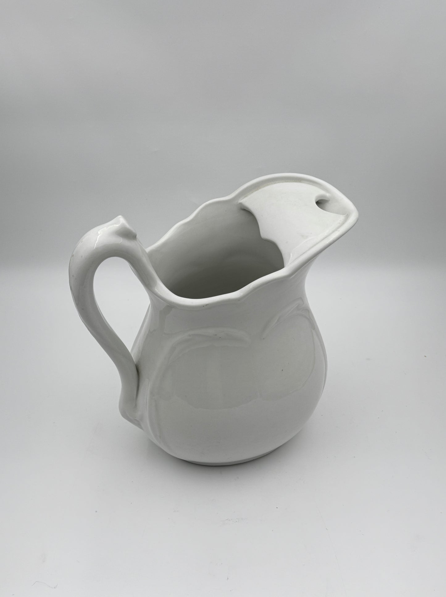 Large Antique White Ironstone Pitcher – Greenwood China – Embossed Leaf Motif
