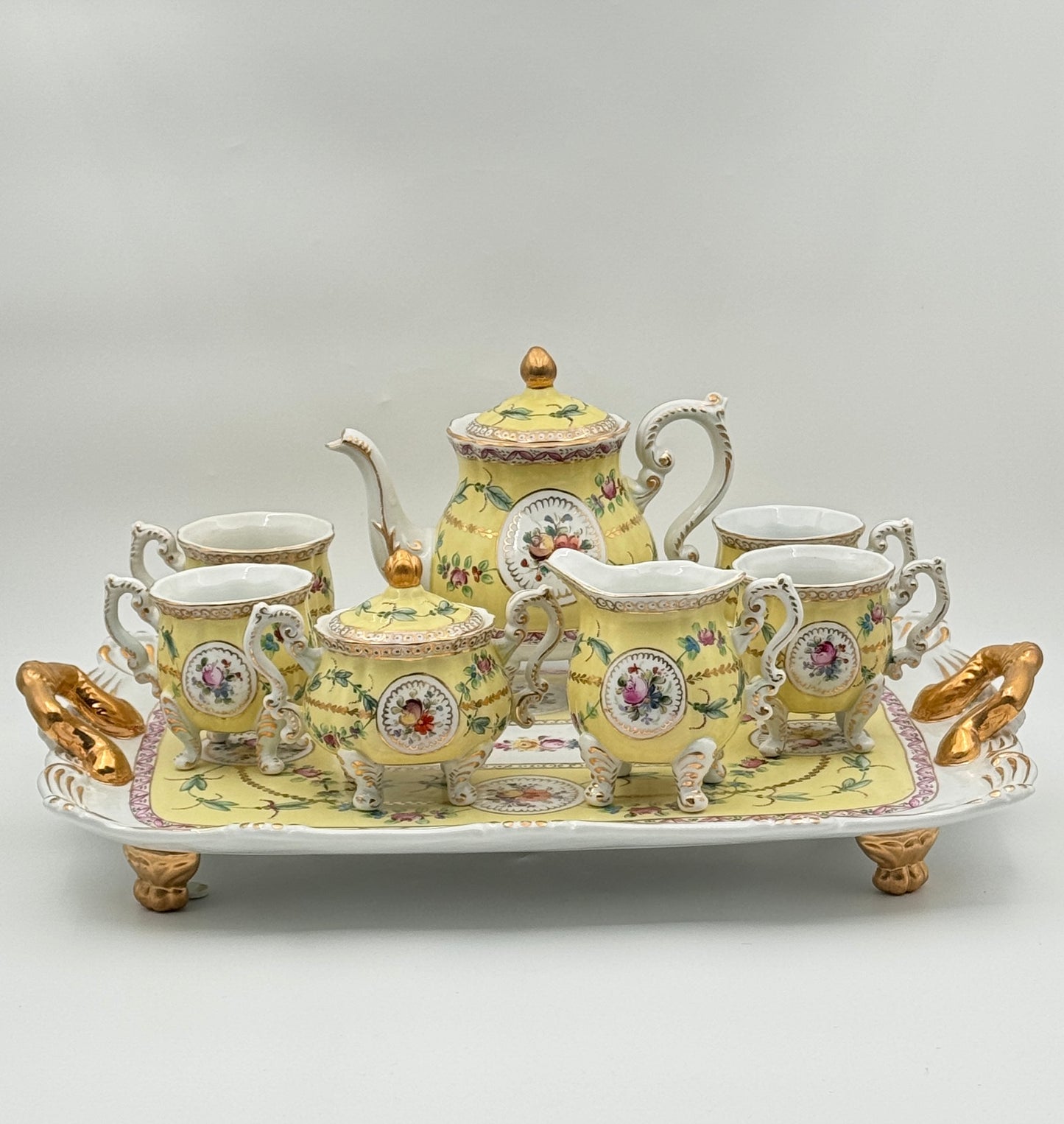 Dresden Porcelain Tea Service – Hand-Painted Floral & Gilt – 8 Pieces with Tray – Germany