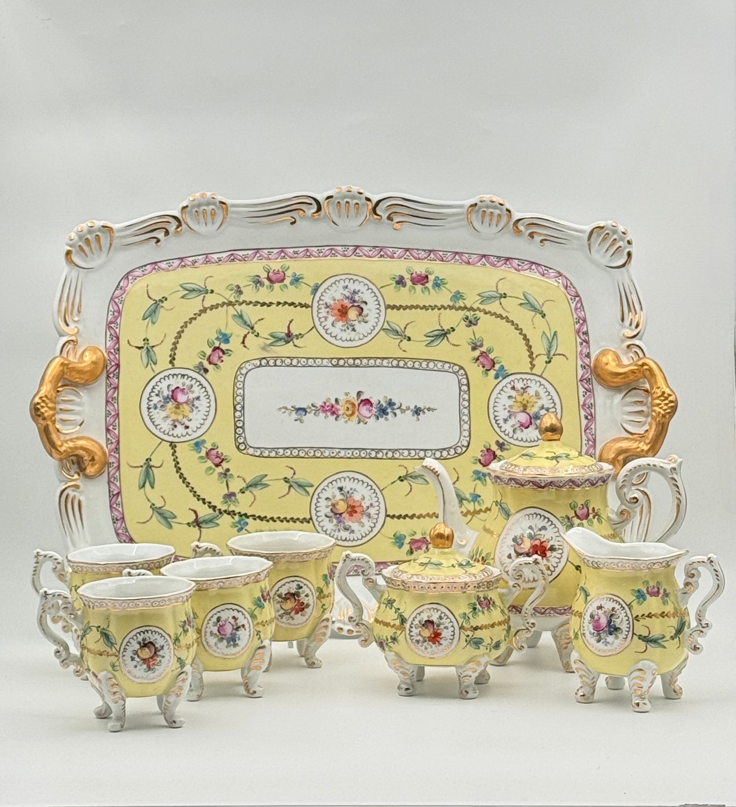 Dresden Porcelain Tea Service – Hand-Painted Floral & Gilt – 8 Pieces with Tray – Germany