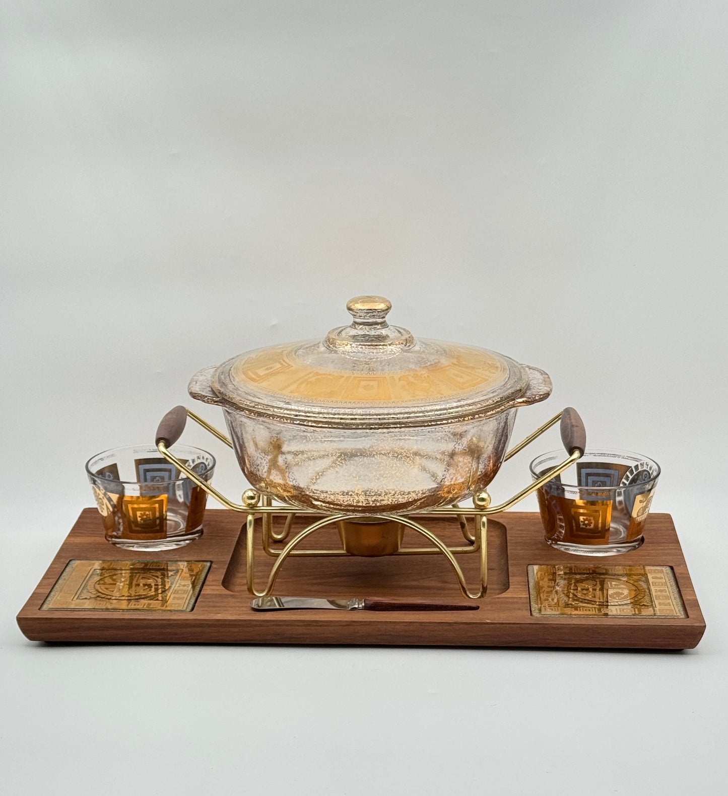 Mid-Century Fire-King Chafing Dish Set – Gold-Frosted Glass & Walnut Tray