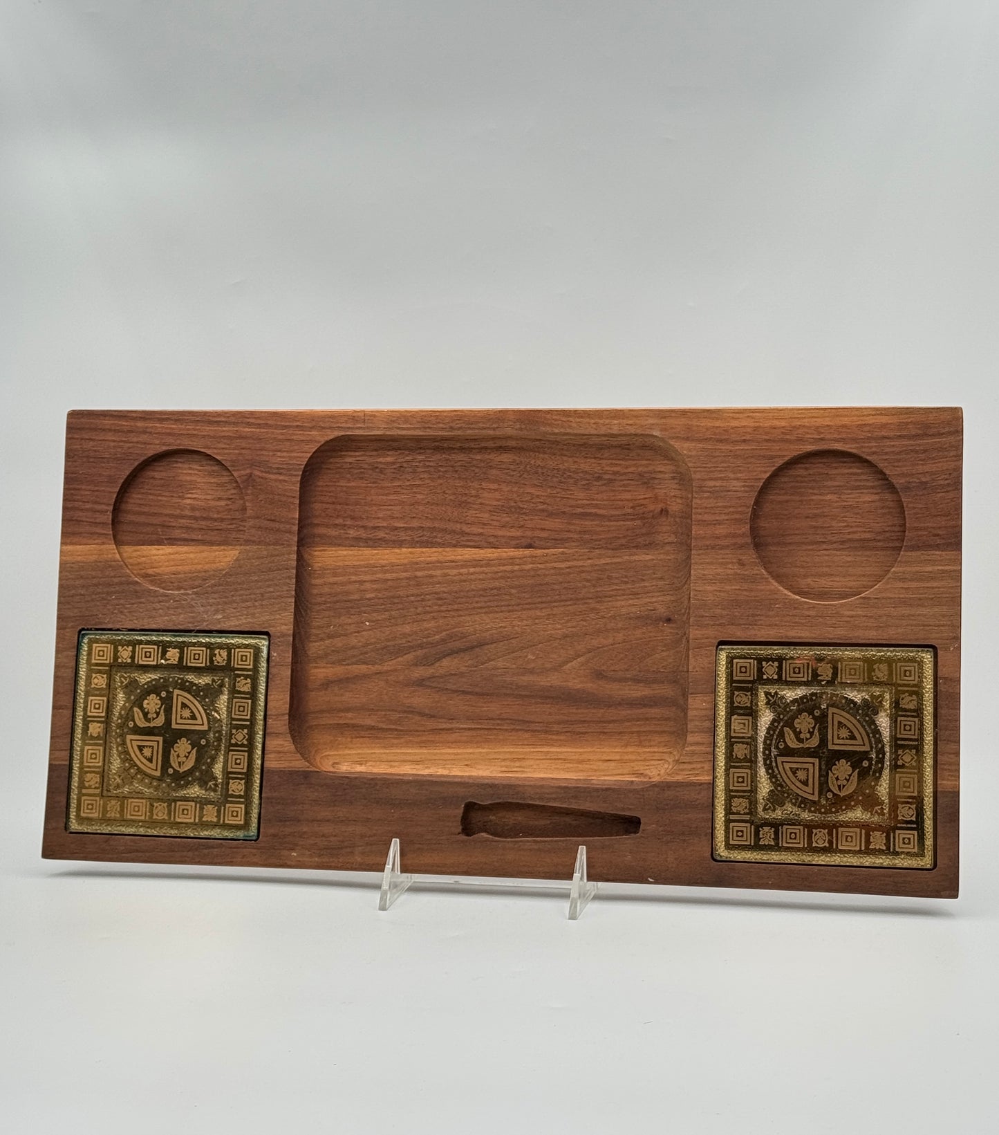 Mid-Century Fire-King Chafing Dish Set – Gold-Frosted Glass & Walnut Tray