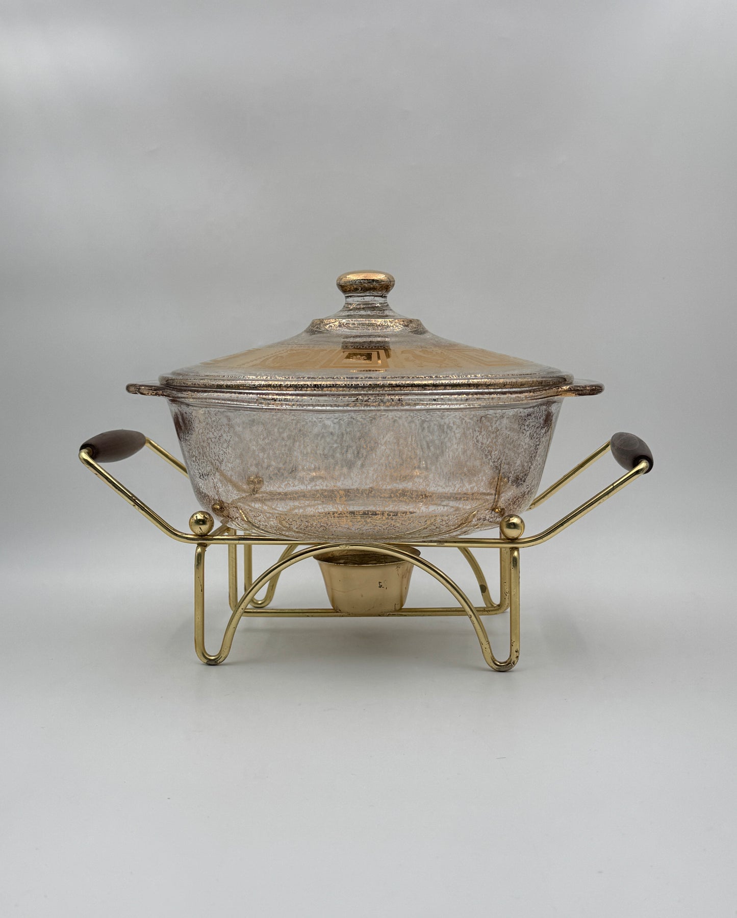 Mid-Century Fire-King Chafing Dish Set – Gold-Frosted Glass & Walnut Tray
