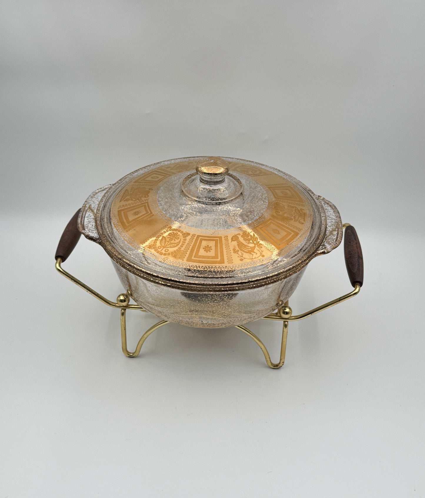 Mid-Century Fire-King Chafing Dish Set – Gold-Frosted Glass & Walnut Tray