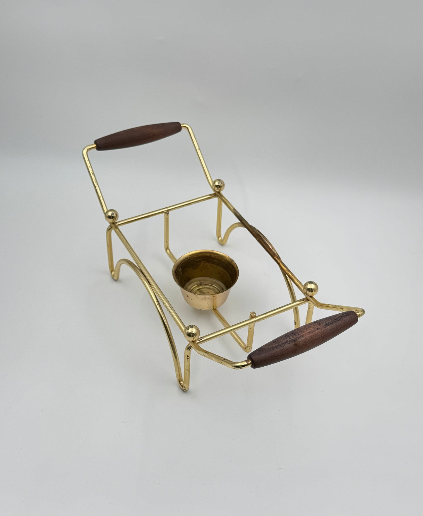 Mid-Century Fire-King Chafing Dish Set – Gold-Frosted Glass & Walnut Tray