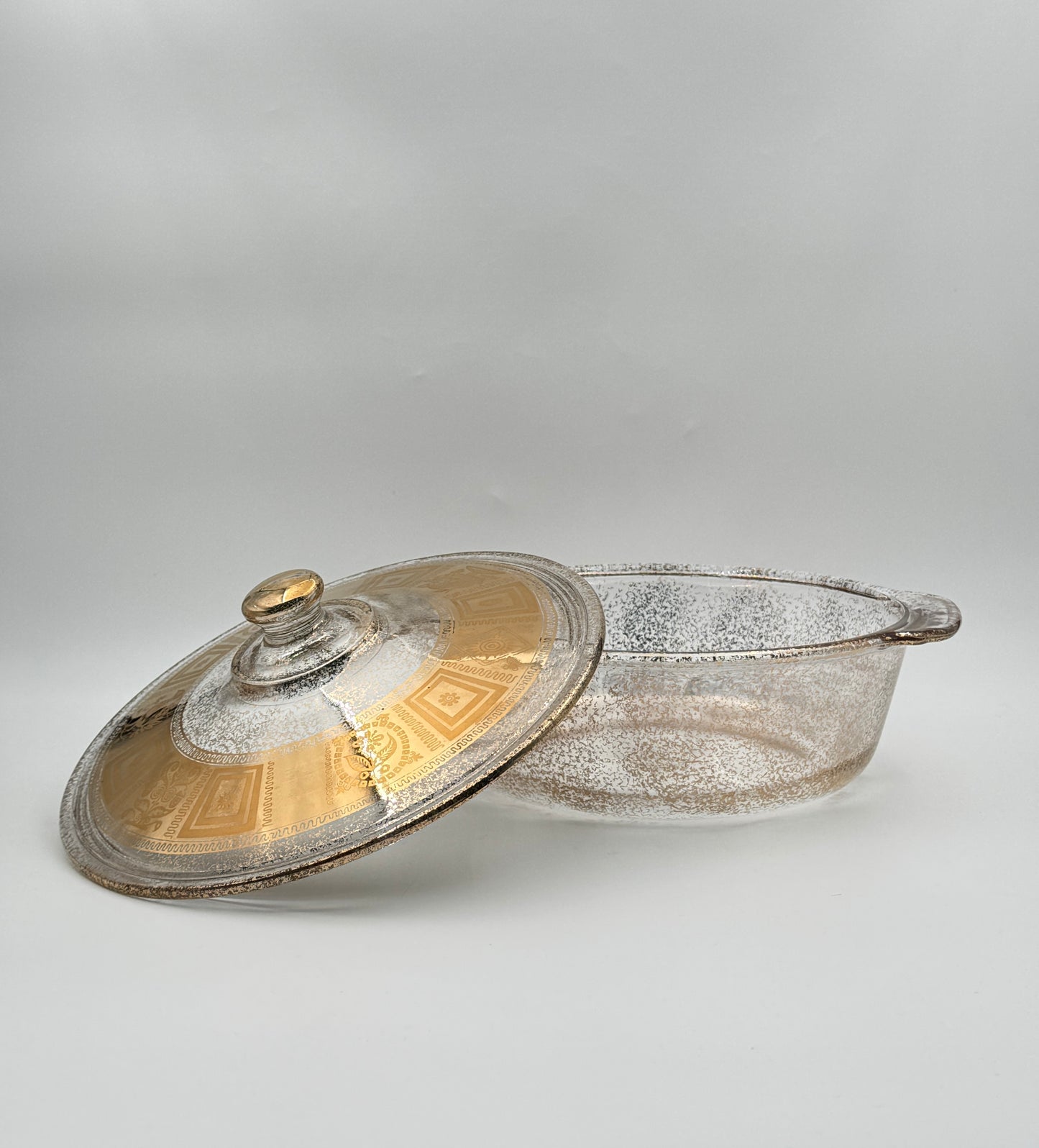 Mid-Century Fire-King Chafing Dish Set – Gold-Frosted Glass & Walnut Tray