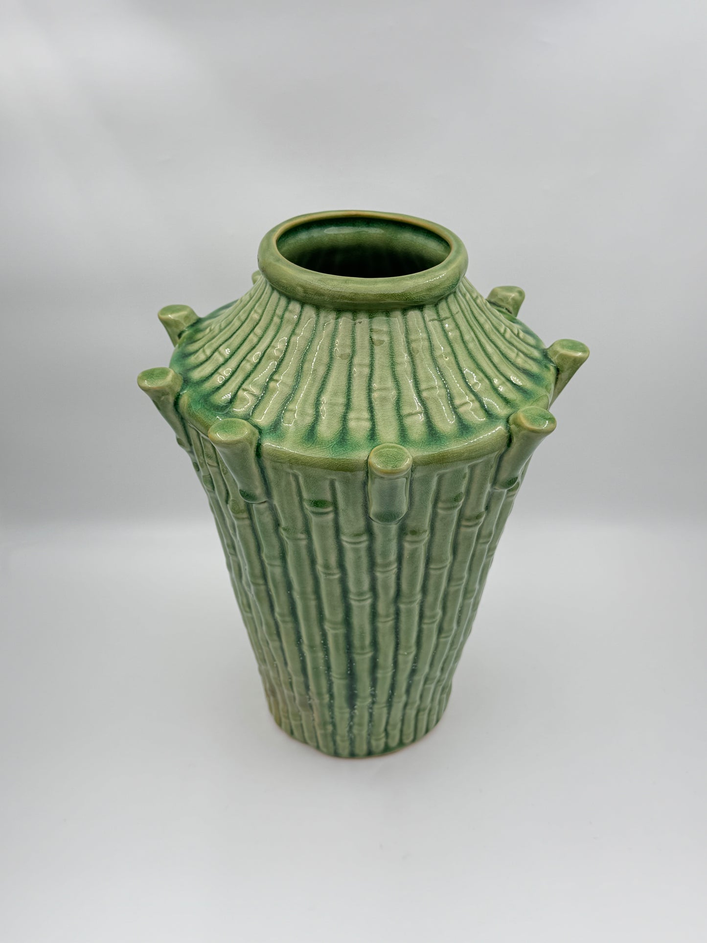 Green Ceramic Vase with Rattan Motif