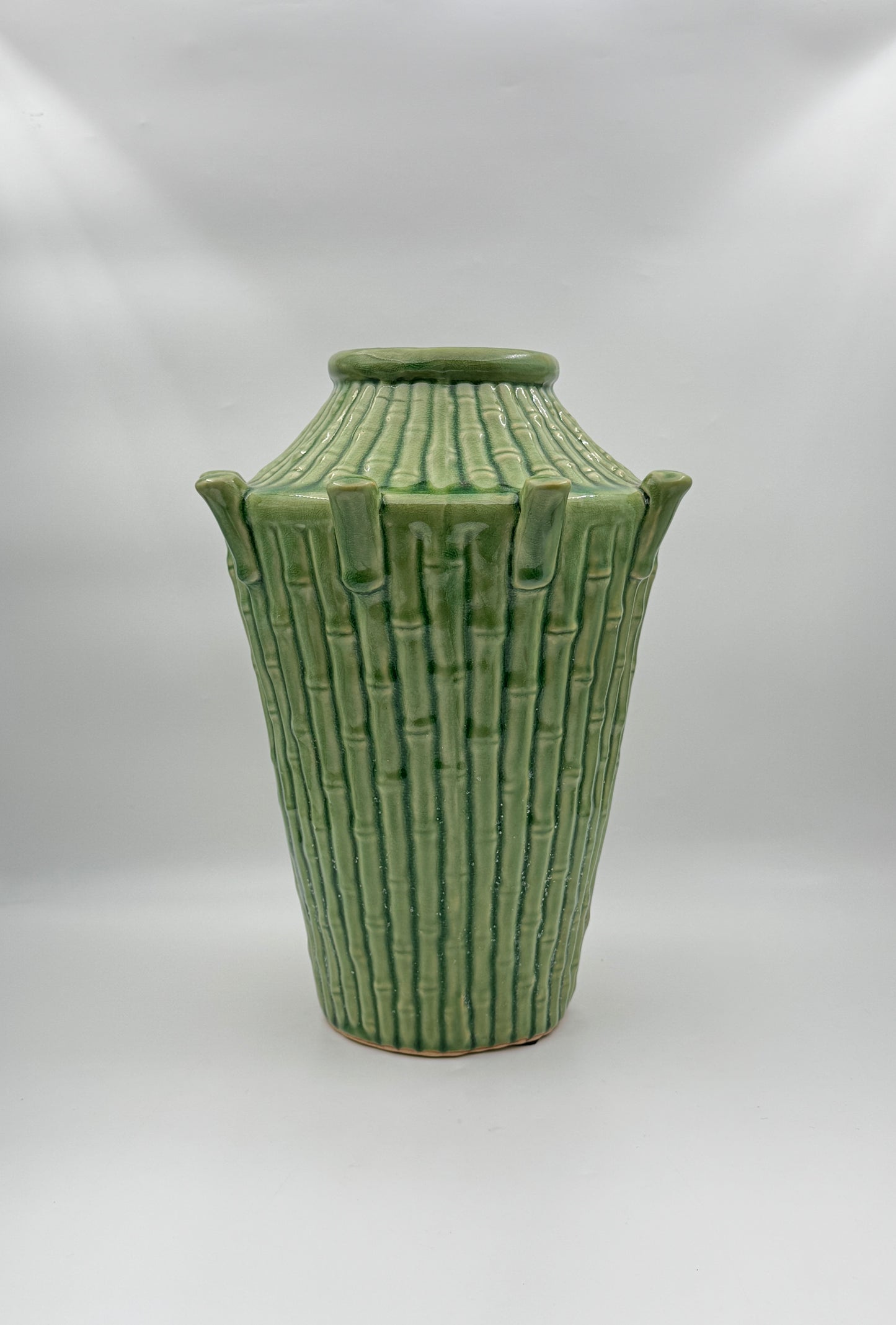 Green Ceramic Vase with Rattan Motif