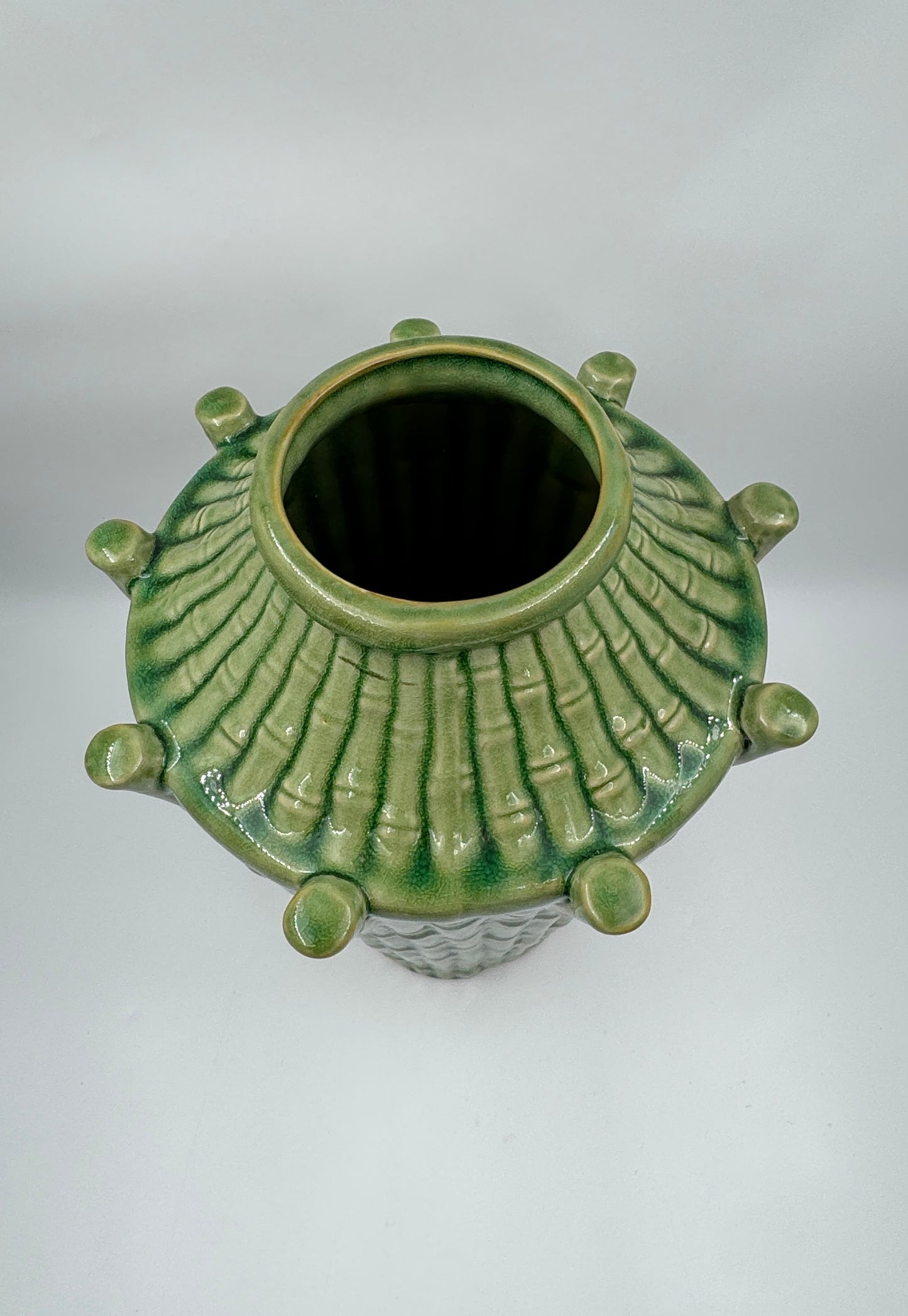 Green Ceramic Vase with Rattan Motif