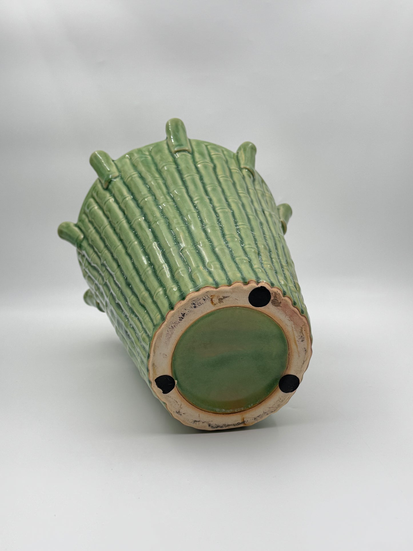 Green Ceramic Vase with Rattan Motif