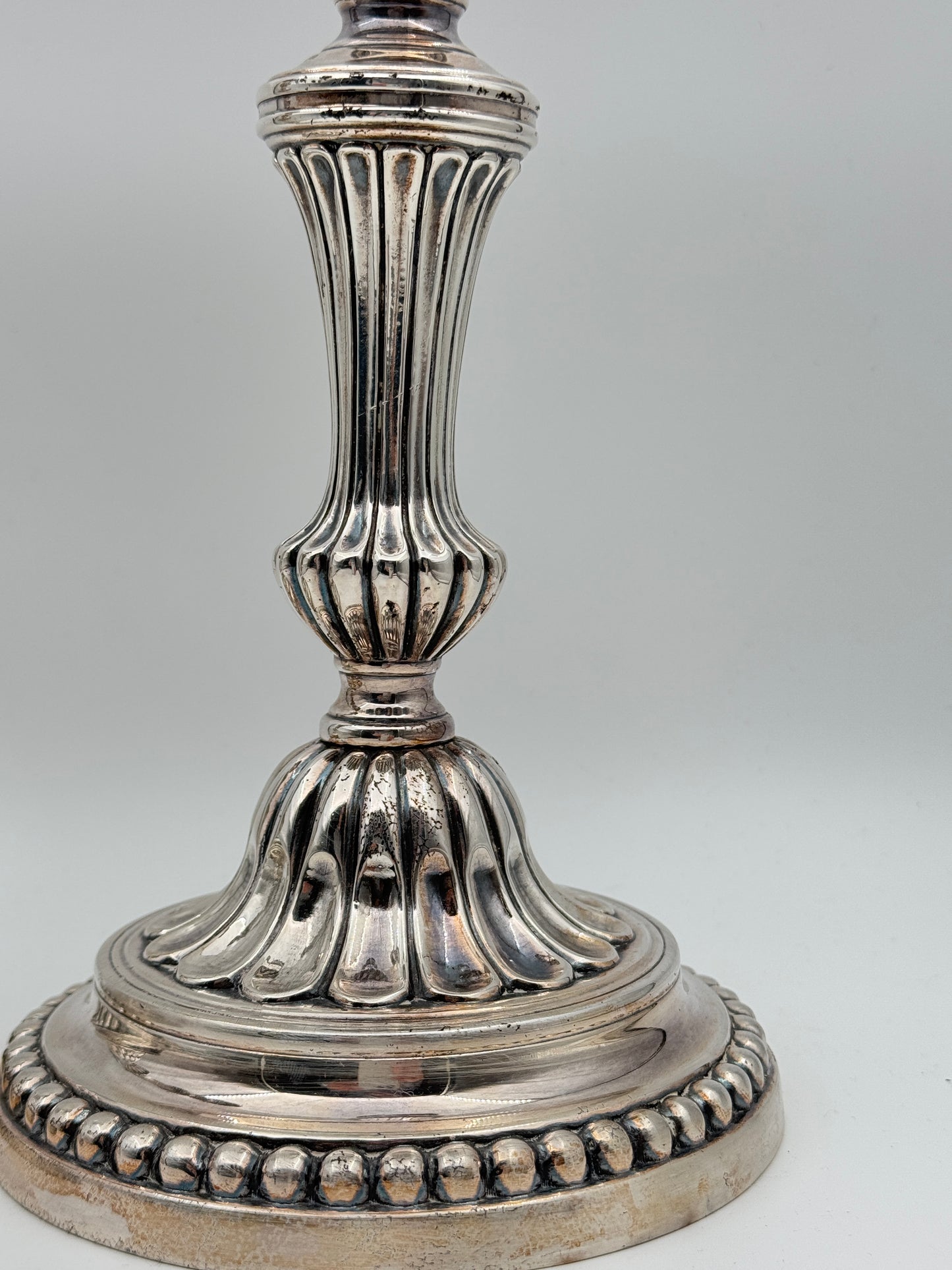 Pair of Louis XVI Style Silvered Metal Candlesticks – Elegant Neoclassical Design