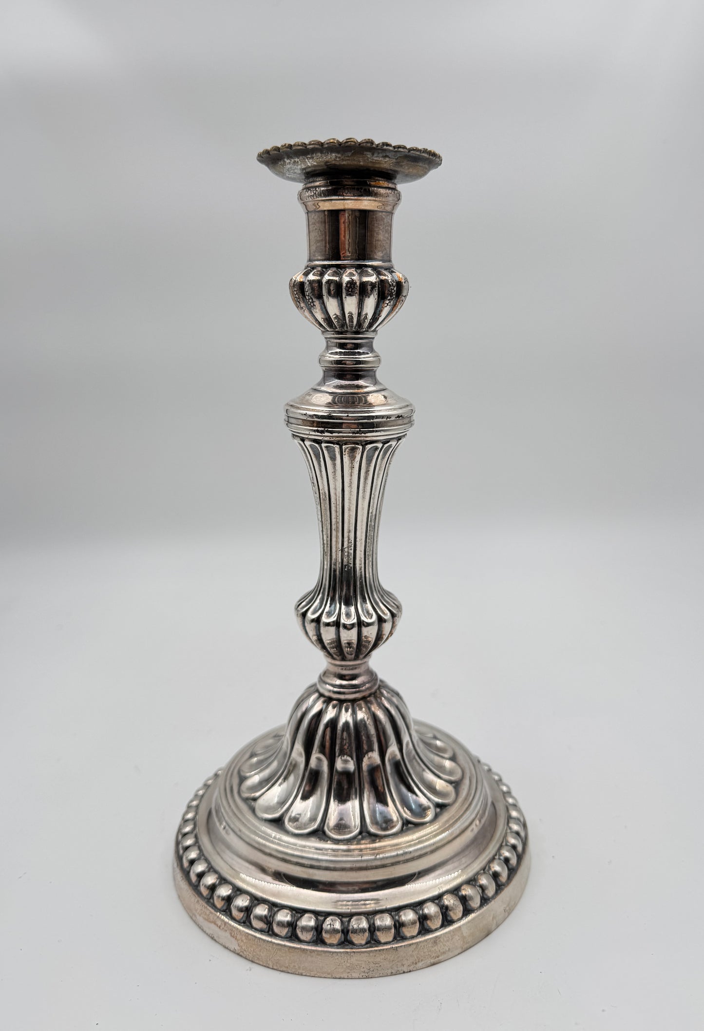 Pair of Louis XVI Style Silvered Metal Candlesticks – Elegant Neoclassical Design