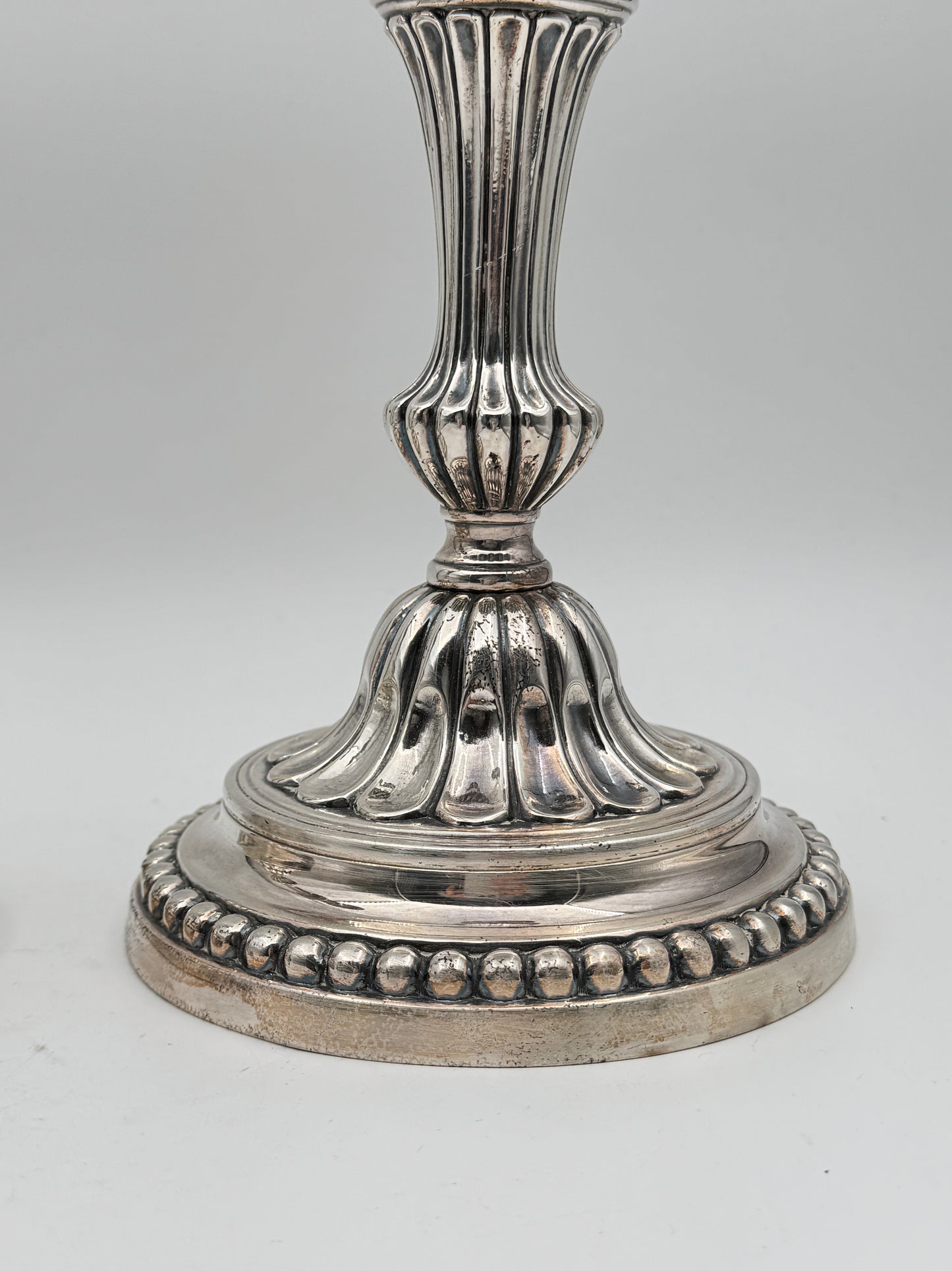 Pair of Louis XVI Style Silvered Metal Candlesticks – Elegant Neoclassical Design
