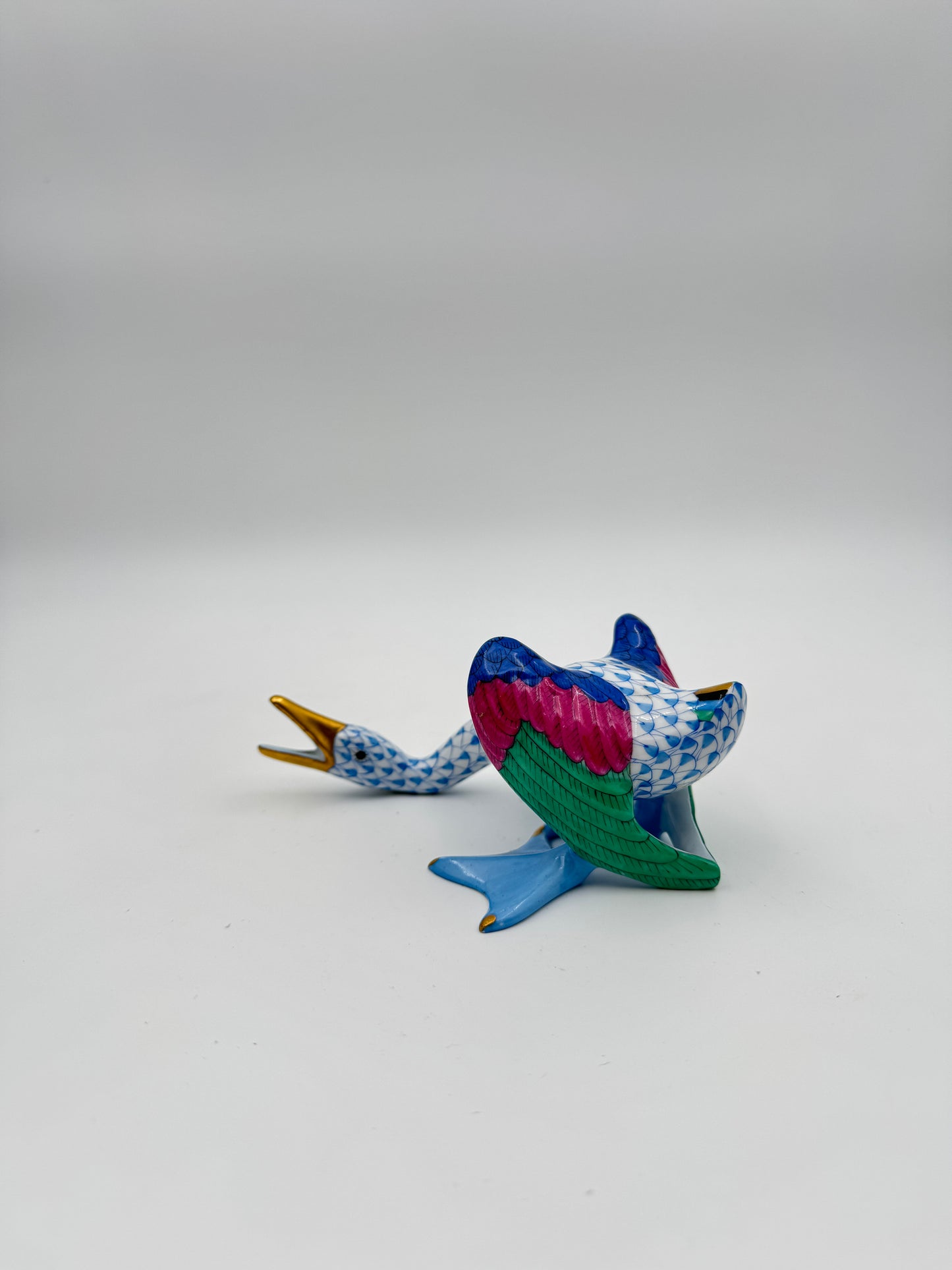 Herend Porcelain Honking Goose – Blue Fishnet, Hand-Painted Figurine,