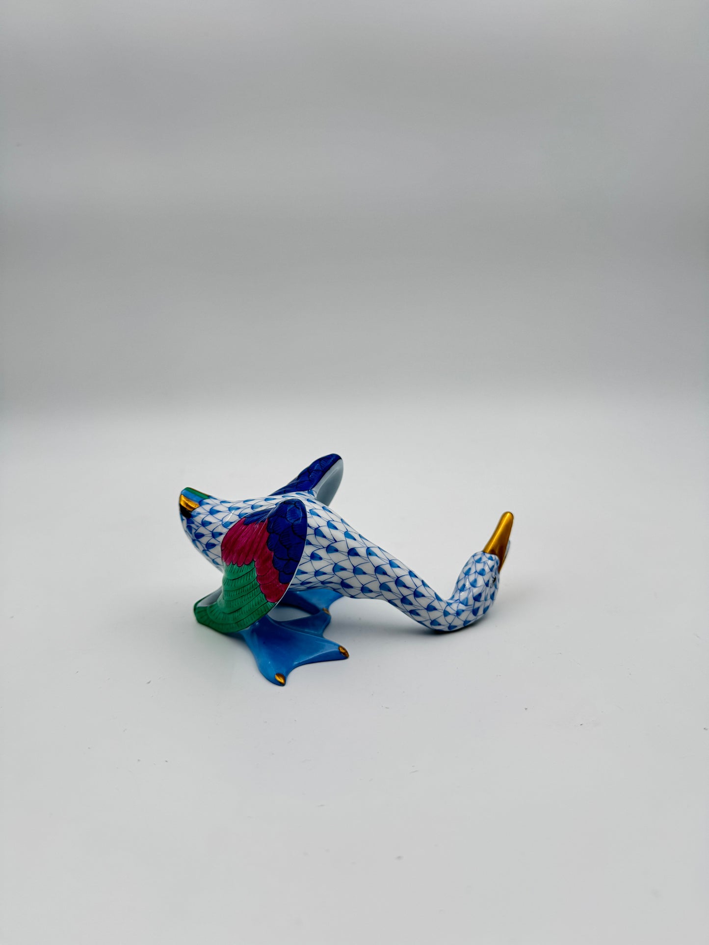 Herend Porcelain Honking Goose – Blue Fishnet, Hand-Painted Figurine,