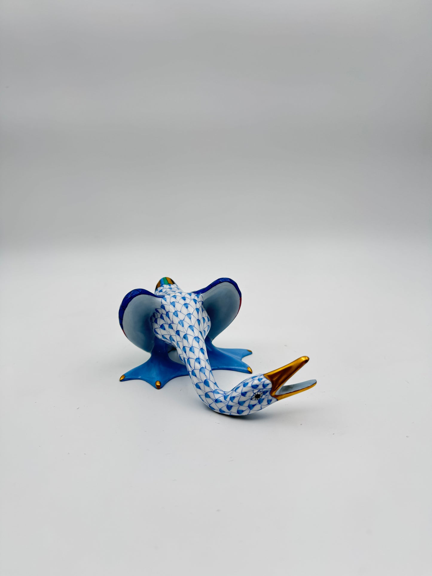 Herend Porcelain Honking Goose – Blue Fishnet, Hand-Painted Figurine,