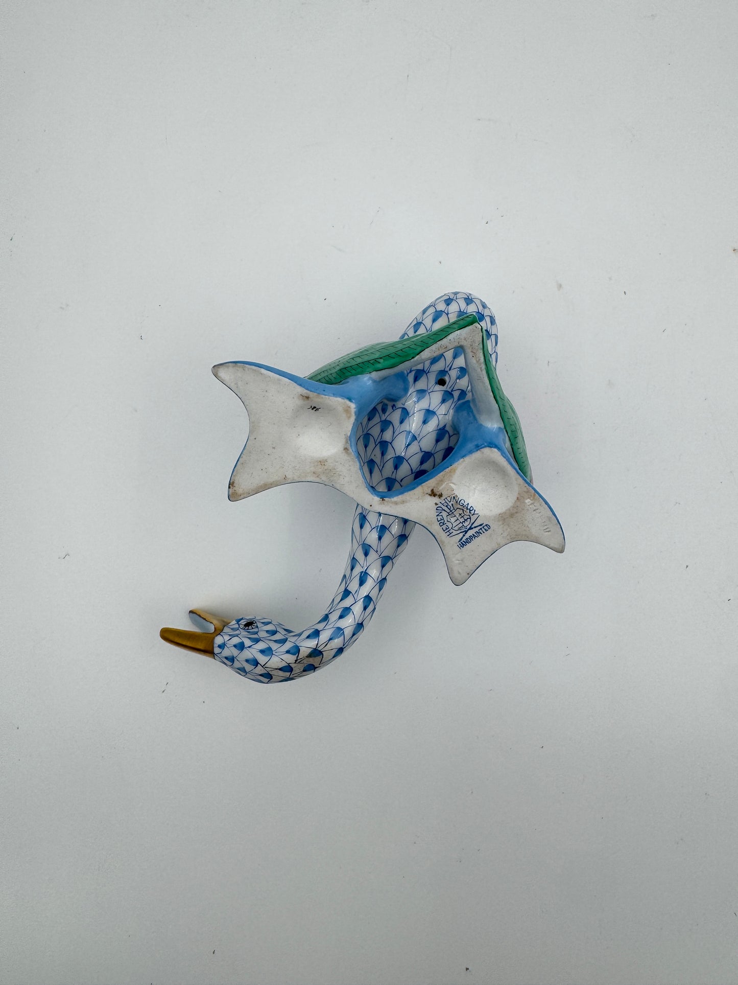 Herend Porcelain Honking Goose – Blue Fishnet, Hand-Painted Figurine,