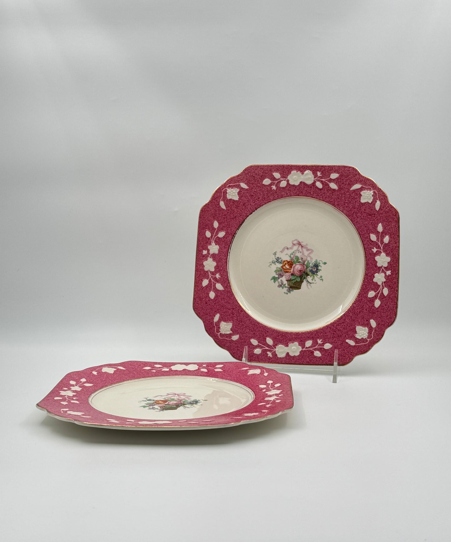 Wedgwood England – Pair of Pink Rim Floral Plates